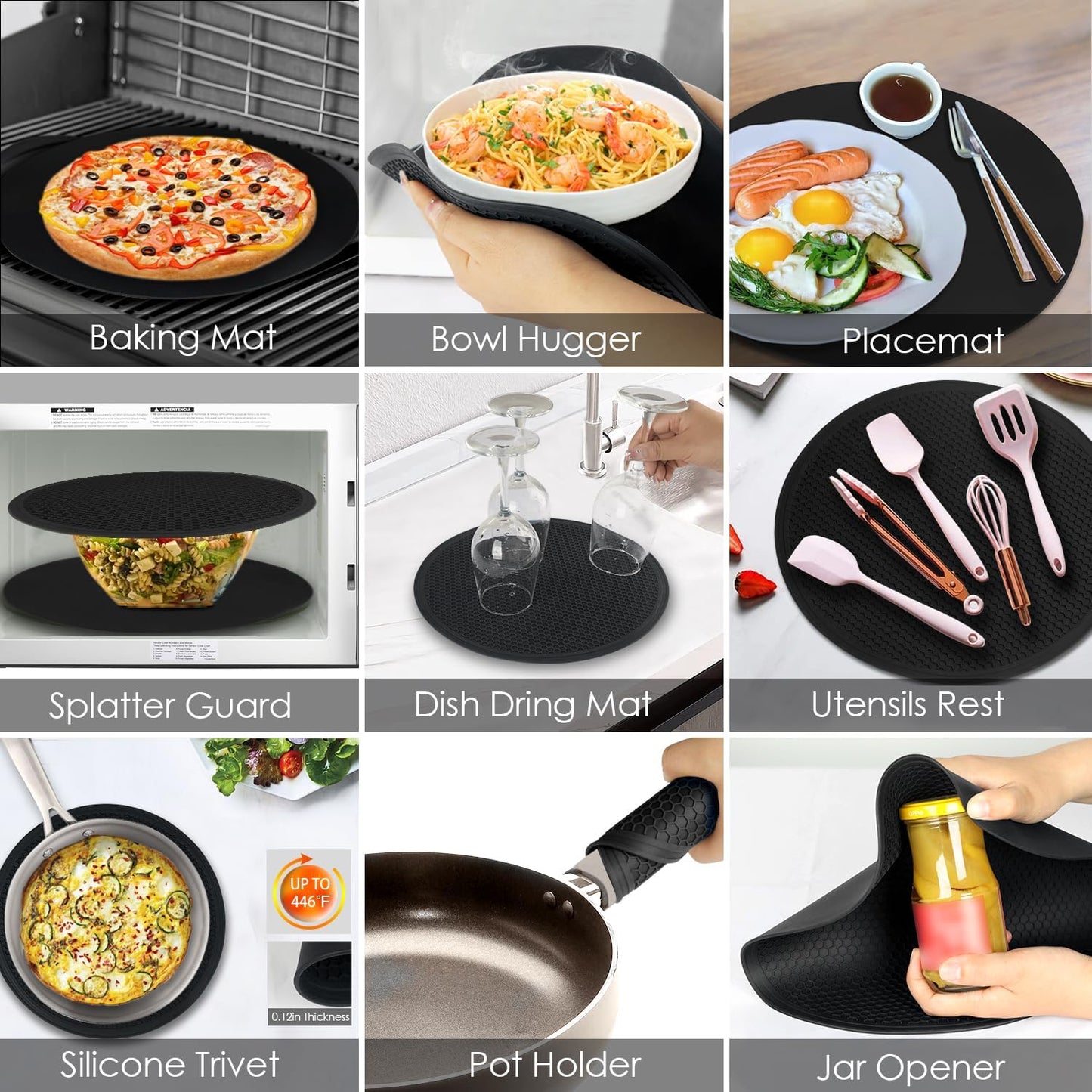 Silicone Microwave Mats, 12" Extra Large Multi-Use Microwave Mat Heat Resistant Silicone Trivet Mat Pot Holders Hot Pads for Kitchen, Silicone Cover Pad for Microwave Oven Hot Pot Pans, Black 2Pack