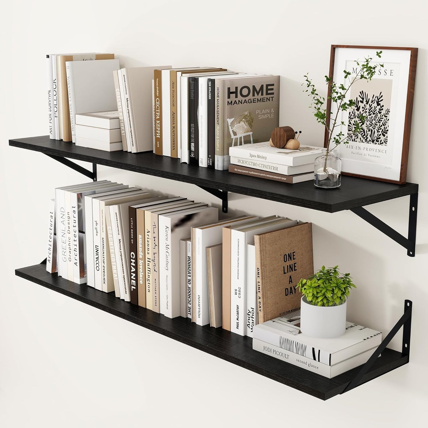 Heimlove Black Deep Floating Shelves for Wall, 48W x 12D Wood Wall Shelves Set of 2, Wide Floating Bookshelf for Living Room, Kitchen, Office, Bedroom and Decor Storage, with Metal Bracket - Black