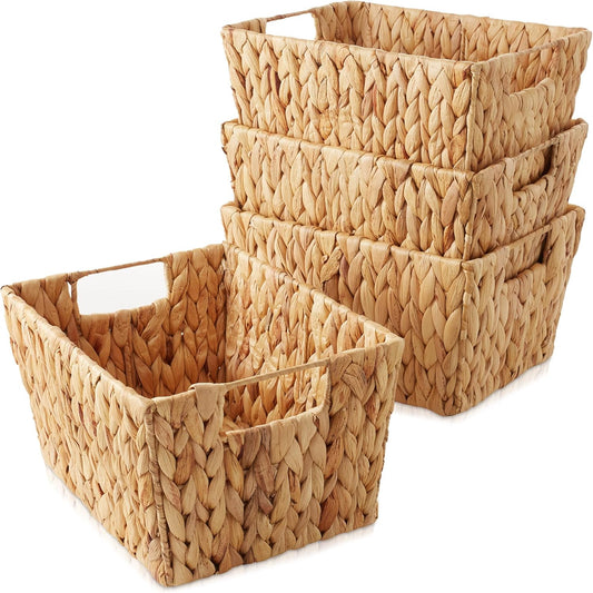 Casafield Set of 4 Water Hyacinth Storage Baskets with Handles - Natural, Woven Rectangular Storage Bins for Shelves, Blankets, Laundry Organization