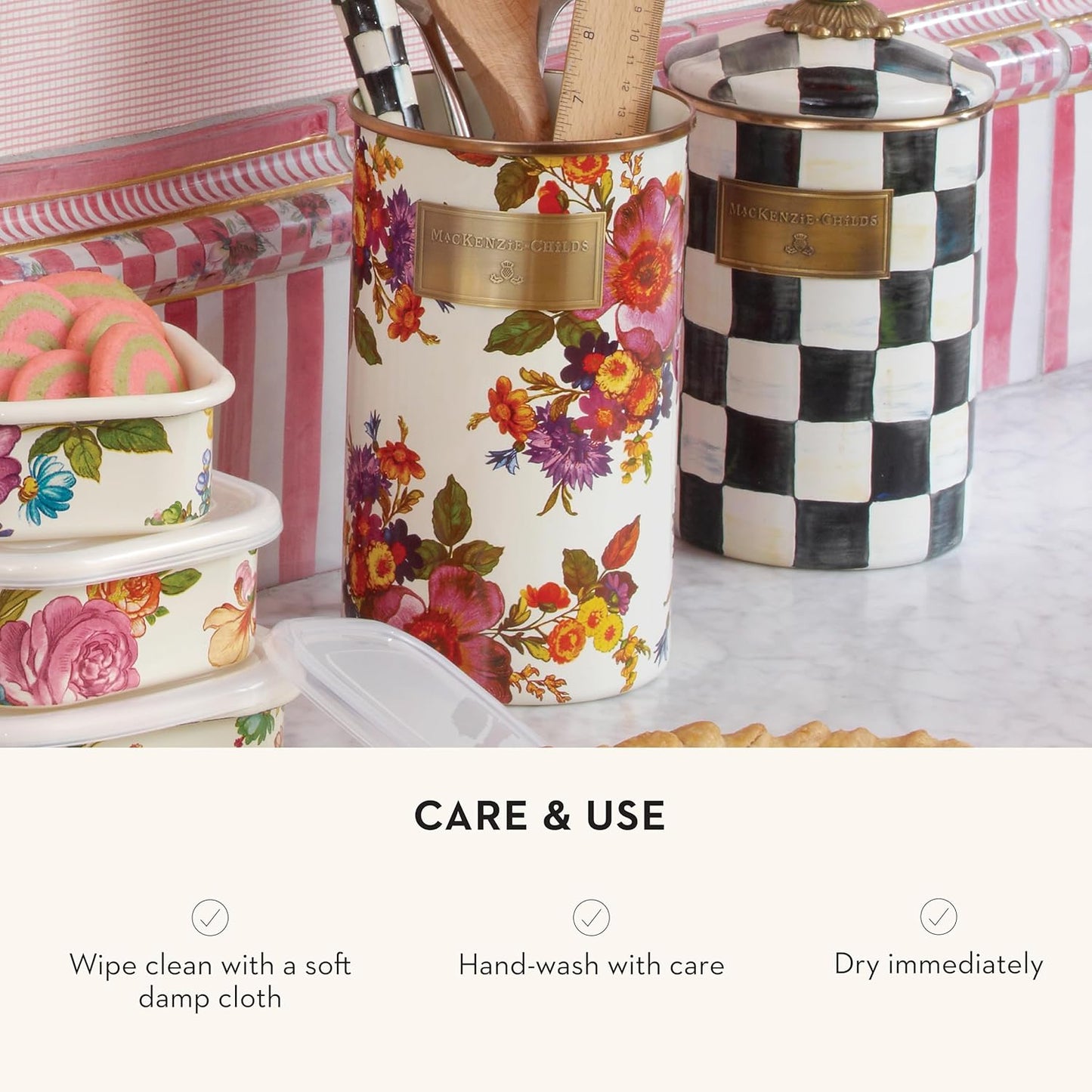 MACKENZIE-CHILDS Enamel Utensil Holder, Kitchen Utensil Holder for Countertop, Storage Caddy, White Flower Market