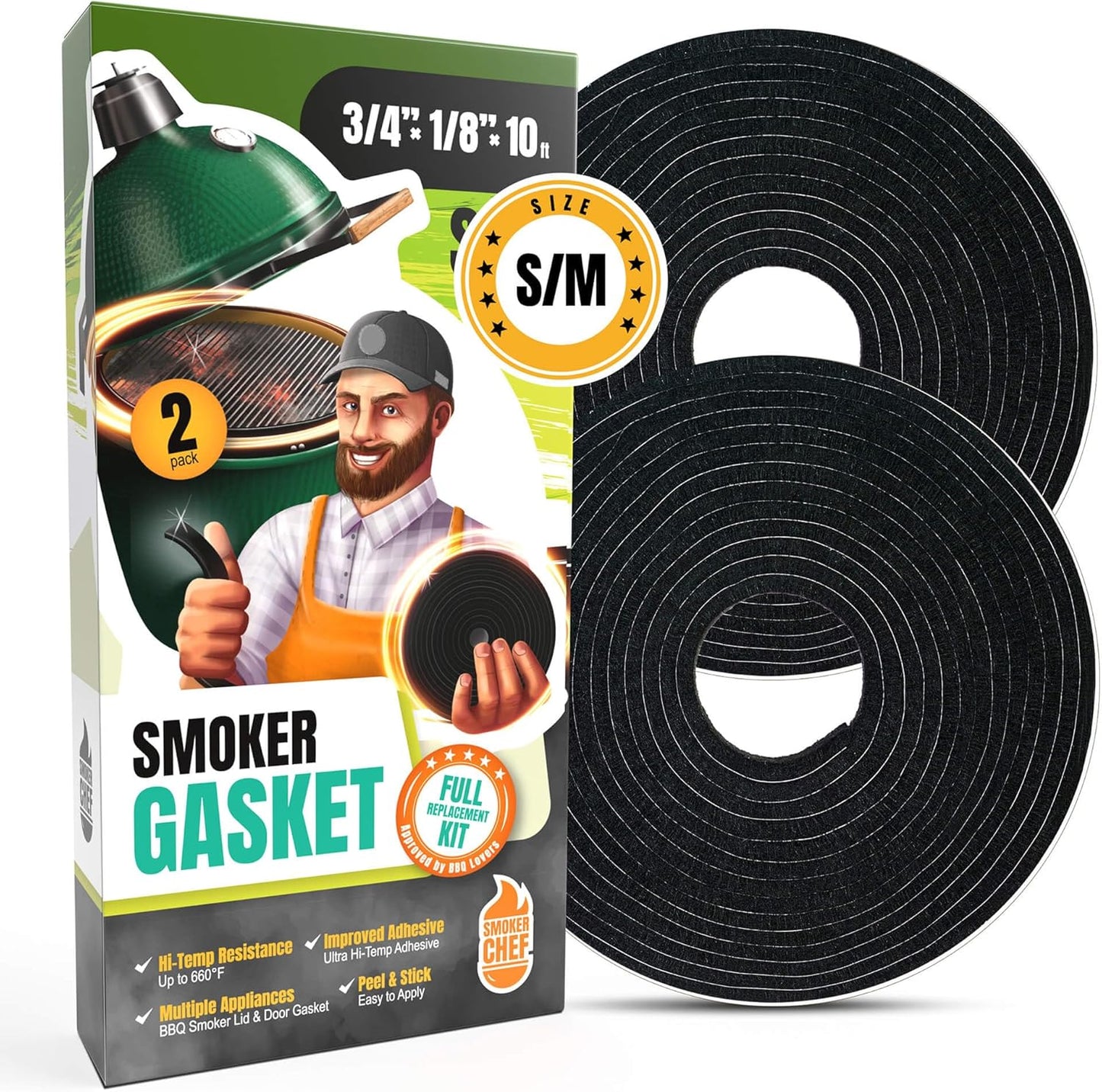 Gasket for Big Green Egg S-M - 2-Pack x 5 FT Smoker Gasket Seal - BGE Gasket 3/4" x 1/8" Felt - Compatible with Big Green Egg - Accessories & Parts for Grill by Smoker Chef