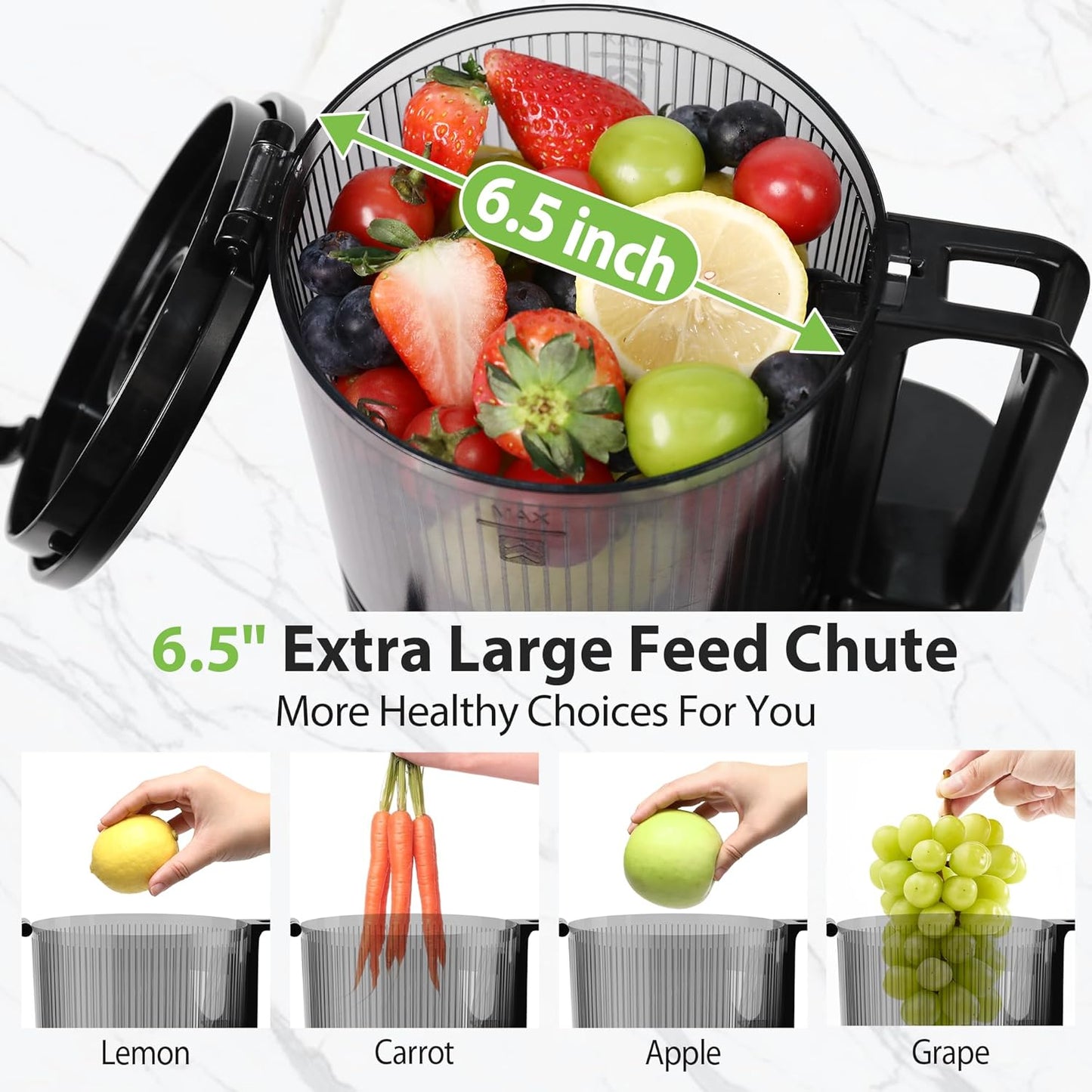 Cold Press Juicer, 6.5" Extra Large Feed Chute Juicer Machines, 350W Slow Masticating Juicer Machines with High Juice Yield for Whole Vegetables & Fruits, BPA Free, Titanium Gray, Easy to Clean