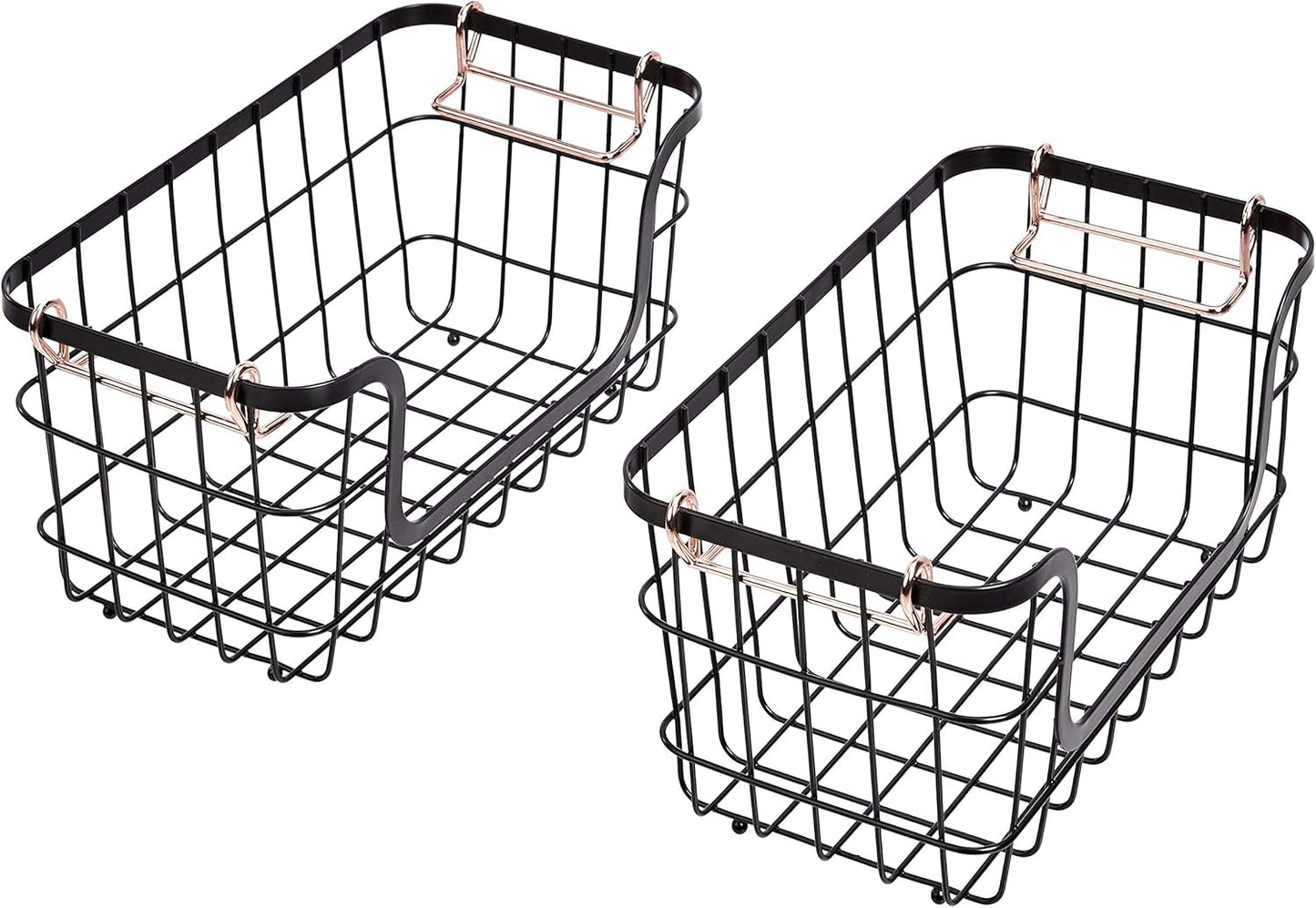 Amazon Basics Stackable Metal Wire Rectangular Storage Basket Set For Kitchen or Bathroom, 2 Count, Black