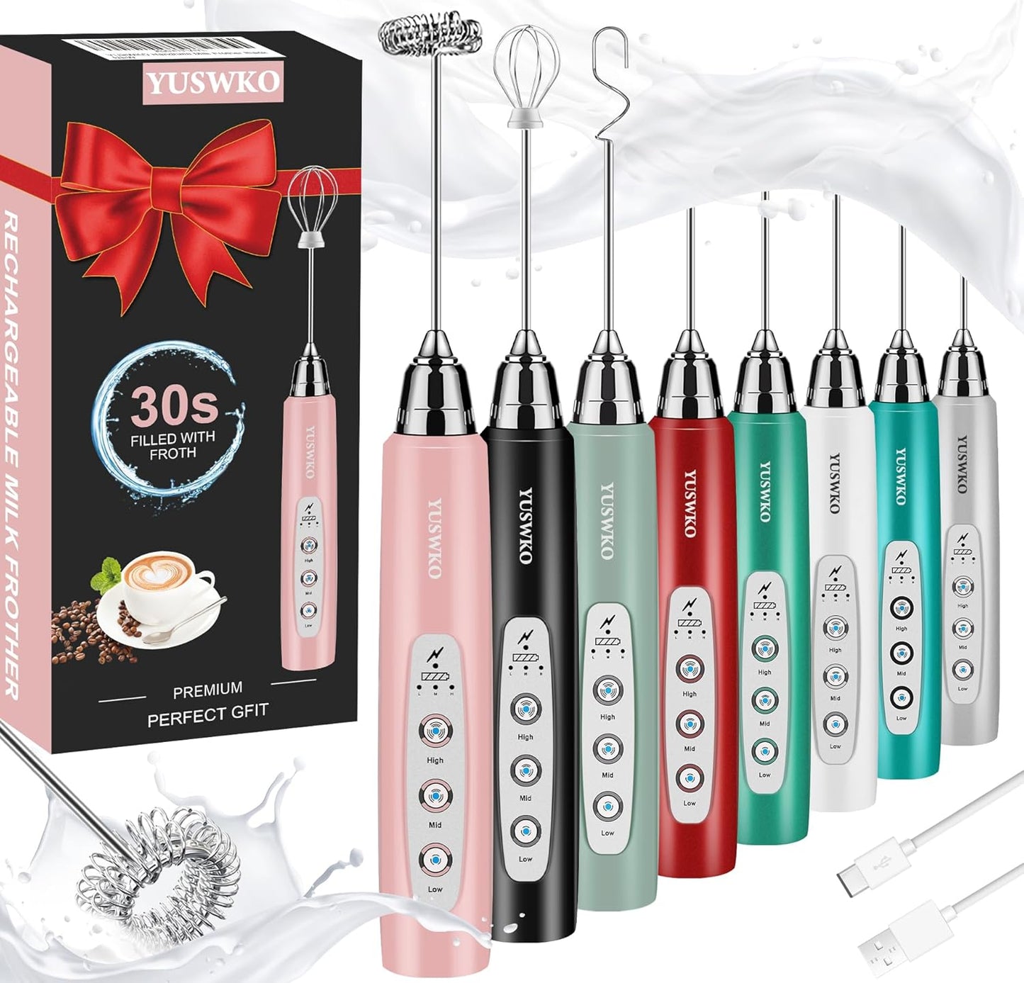 YUSWKO Milk Frother Handheld for Coffee, Rechargeable Drink Mixer with 3 Heads 3 Speeds Electric Coffee Frother Whisk, Gift for Many Occasions and Festival