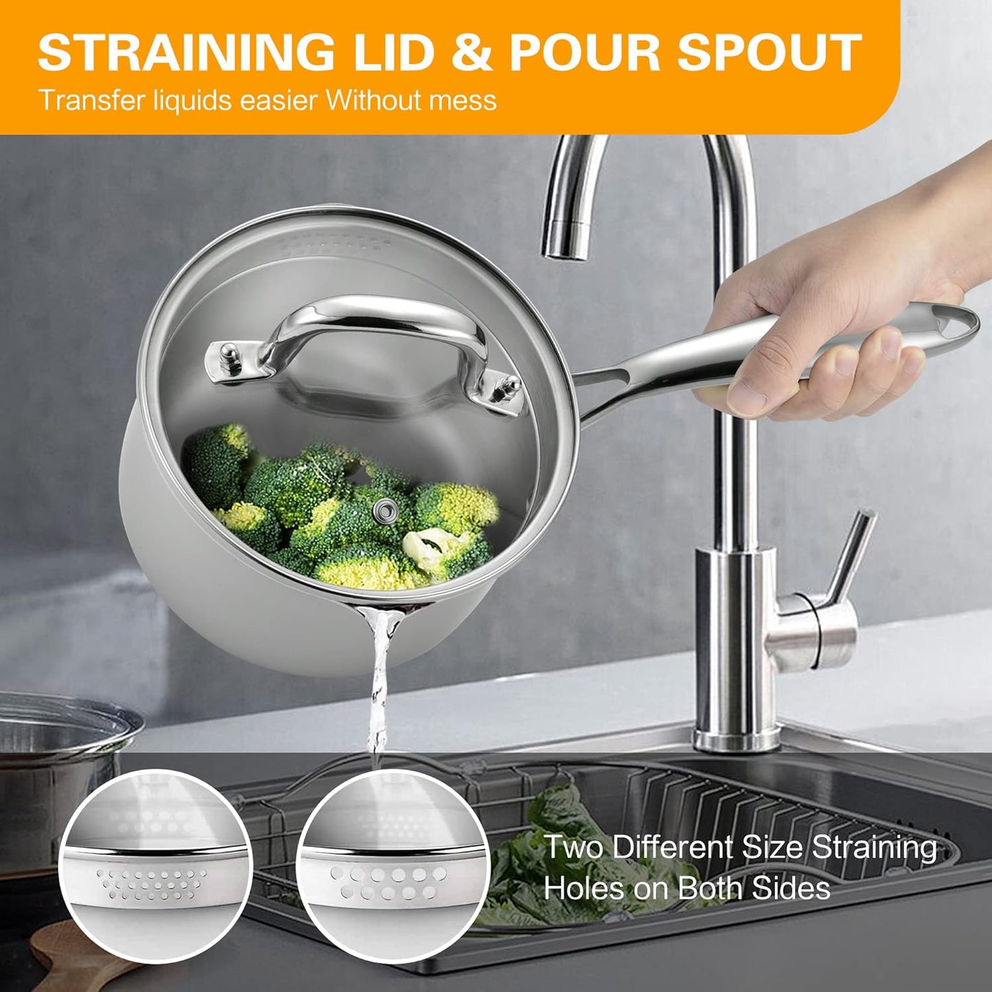 Stainless Steel Saucepan with Glass Lid, 2.0 Quart Multipurpose Sauce Pan, Sauce Pot with for Easy Pour with Ergonomic Handle