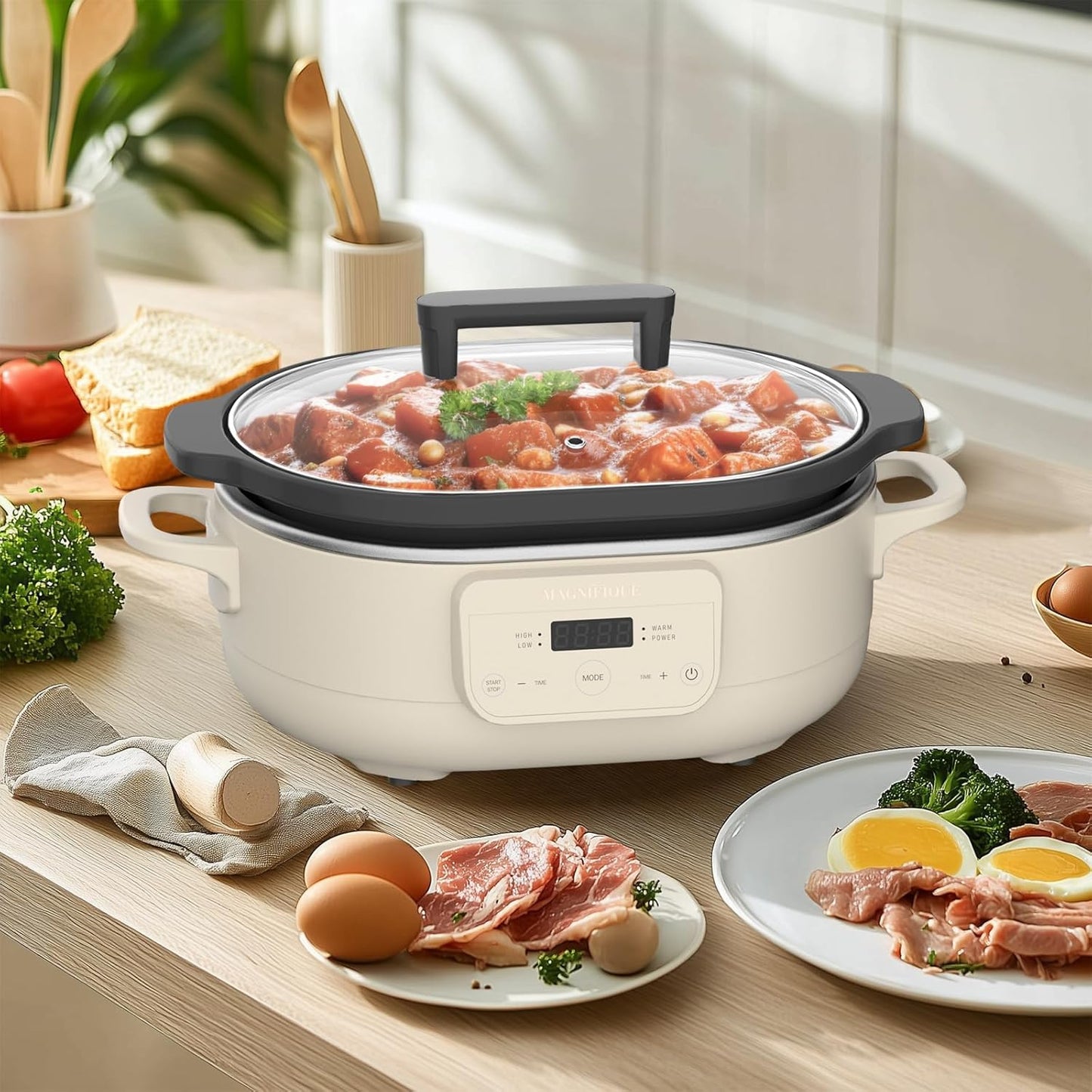 6 Quart Programmable Slow Cooker Removable Healthy Nonstick Crock Pot - Small Kitchen Appliance for Family Dinners - Serves 6+ People - Heat Settings: Keep Warm Oatmeal Oatmeal