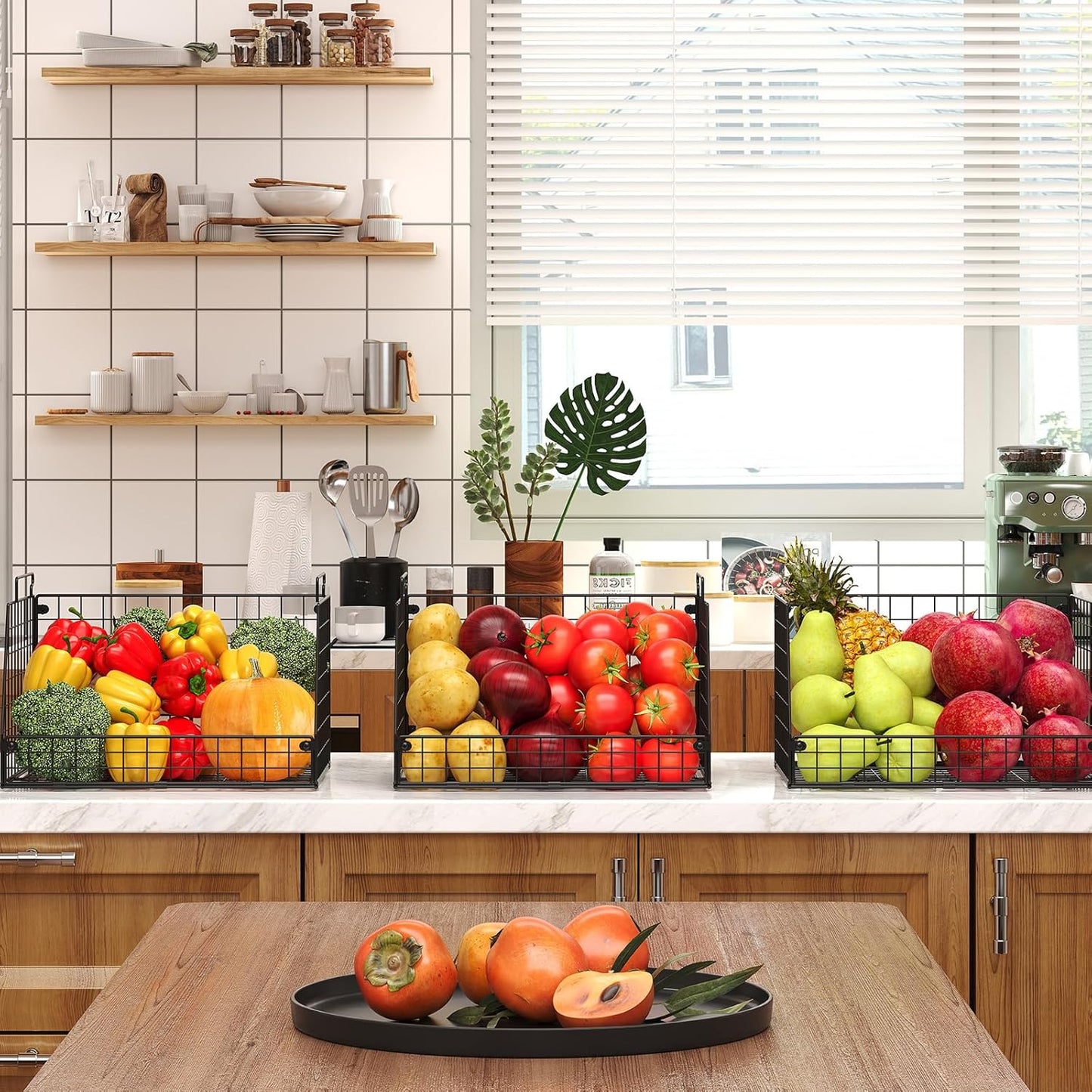 3 Pack XXL Stackable Wire Baskets, Large Storage Bins for Onion, Potato, Vegetable, Fruit, Snack, Pantry Baskets for Kitchen Cabinet Countertop, Pantry Organizers and Storage Solutions