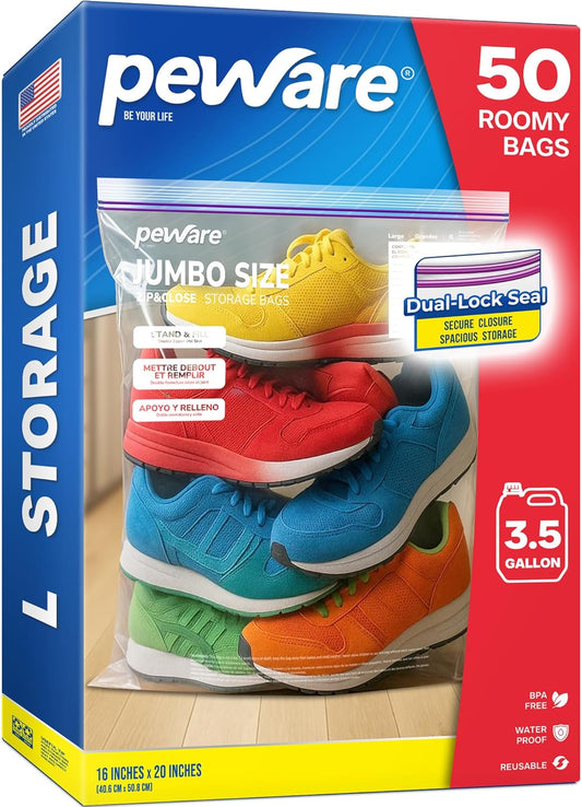 Large Storage Bags, 16"x20" Jumbo Plastic Bag, BPA Free, 3.5 Gallon XL Zipper Lock Baggies for Clothes Pillow Travel Moving - 50 Roomy Bags