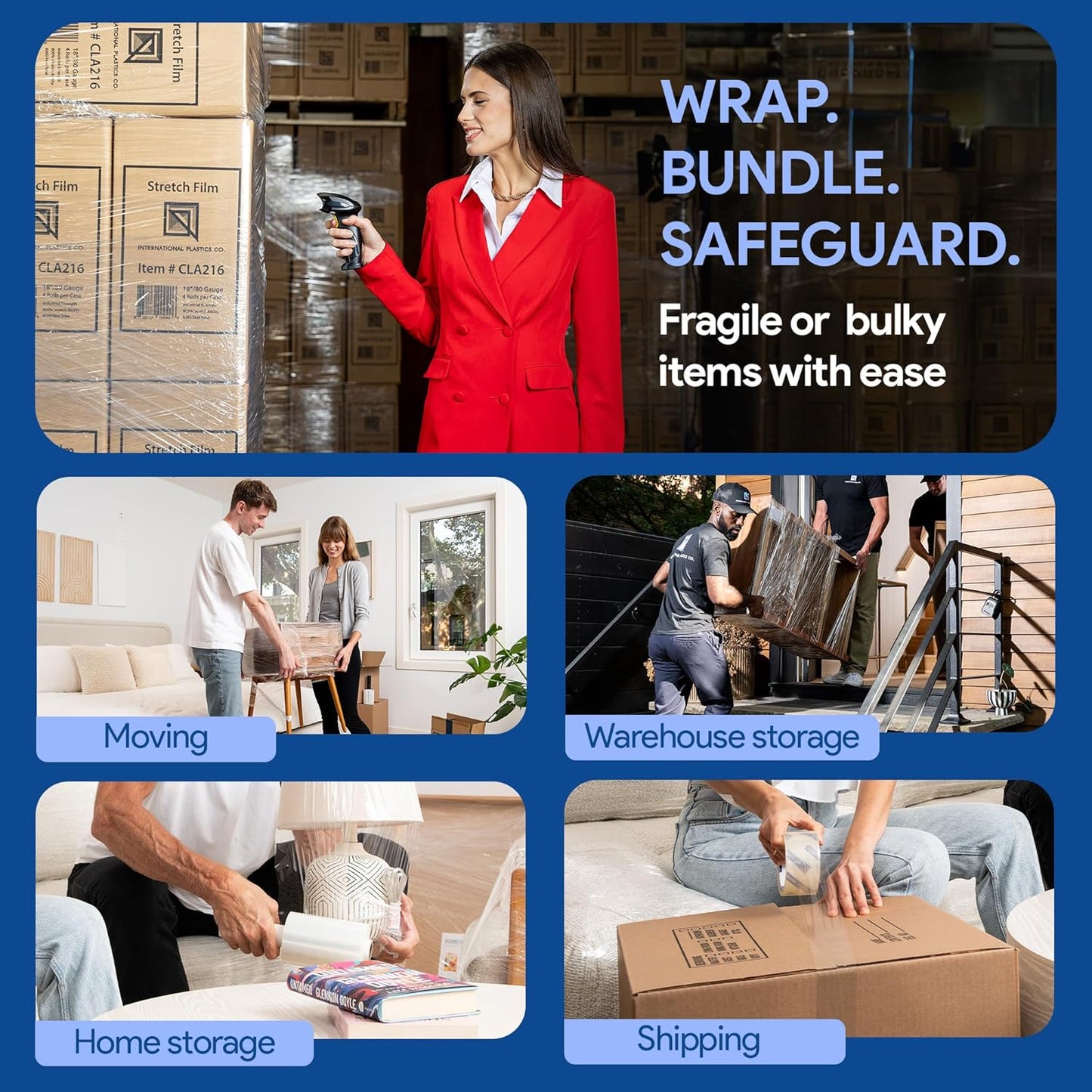 International Plastics Co. 18" Plastic Stretch Film/Wrap 1200ft 500% Stretch Clear Cling Durable Adhering Packing Moving Packaging Heavy Duty Shrink (5" Products, 8 Pack)