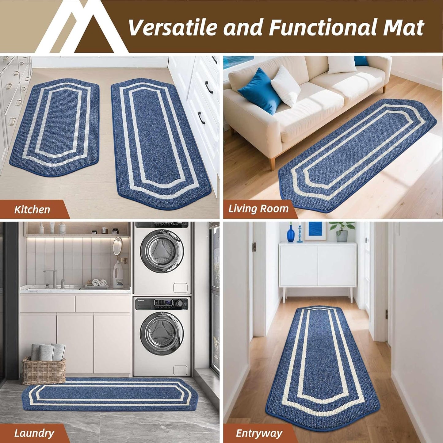 COSY HOMEER Long Kitchen Floor Mats for in Front of Sink Super Absorbent Kitchen Rugs and Mats 24"x59" Non-Skid Kitchen Mat Standing Mat Washable,Polypropylene,Blue,Frame