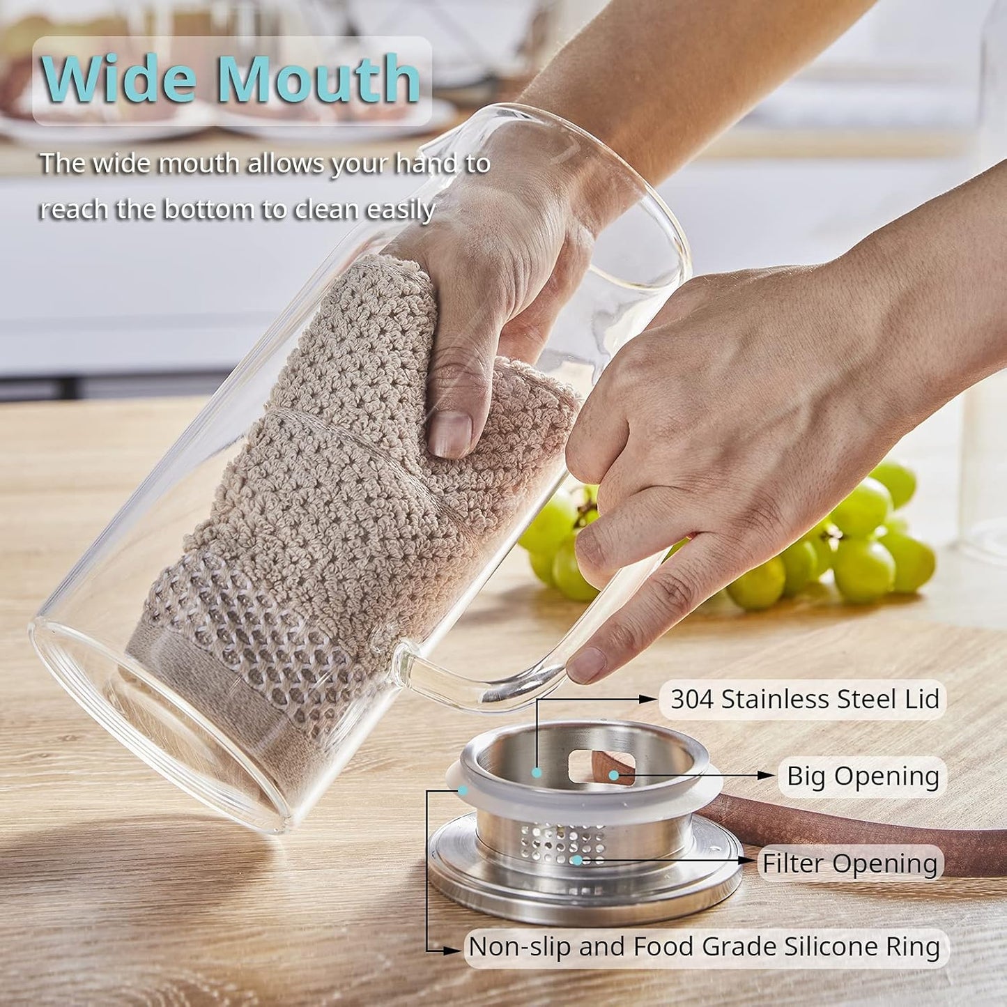 1.2 Liter 40 oz Small Glass Pitcher with Lid and Spout, Glass Carafe for Hot/Cold Water, Iced Tea Jug for Coffee, Juice and Homemade Beverage