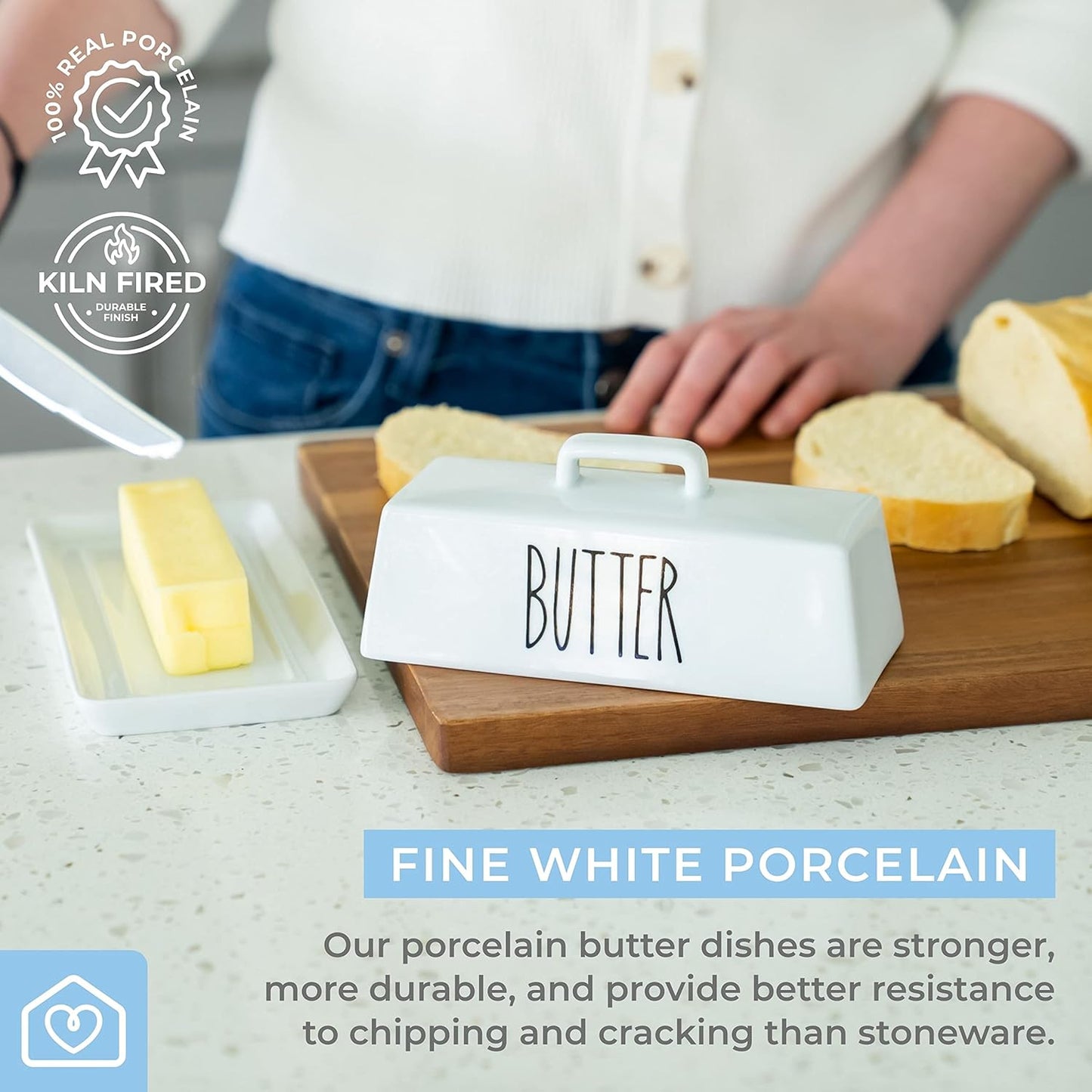Heartland Home Porcelain Covered Butter Dish with Lid for Countertop (Lid with Handle). 7.6" x 3.8" Butter Holder Container for One Stick of Butter. Textured Tray Butter Keeper for Non Slip Storage