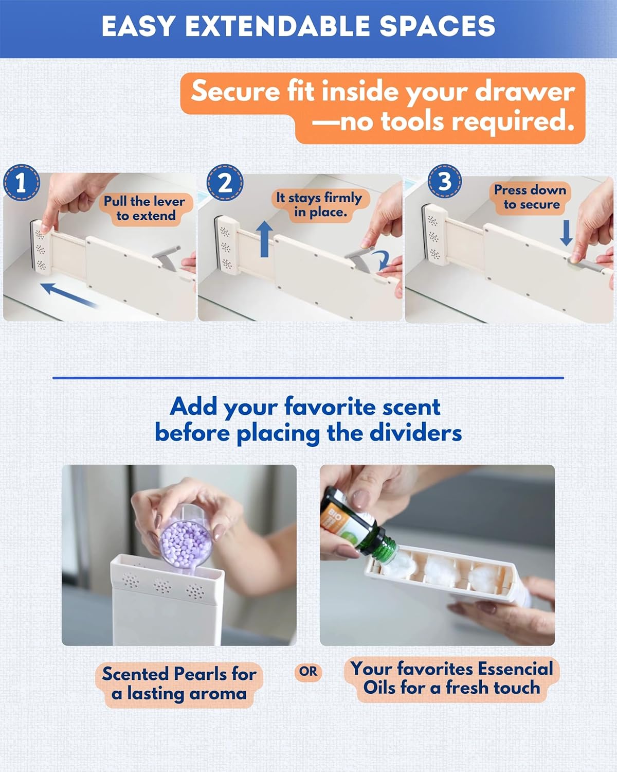 4 Pack Drawer Dividers for Clothes with Scent Slots 4" High, 13-20.4" and 4 Adjustable Hooks, Expandable Dresser Drawer Organizer for Closet, Kitchen, Bathroom, Office