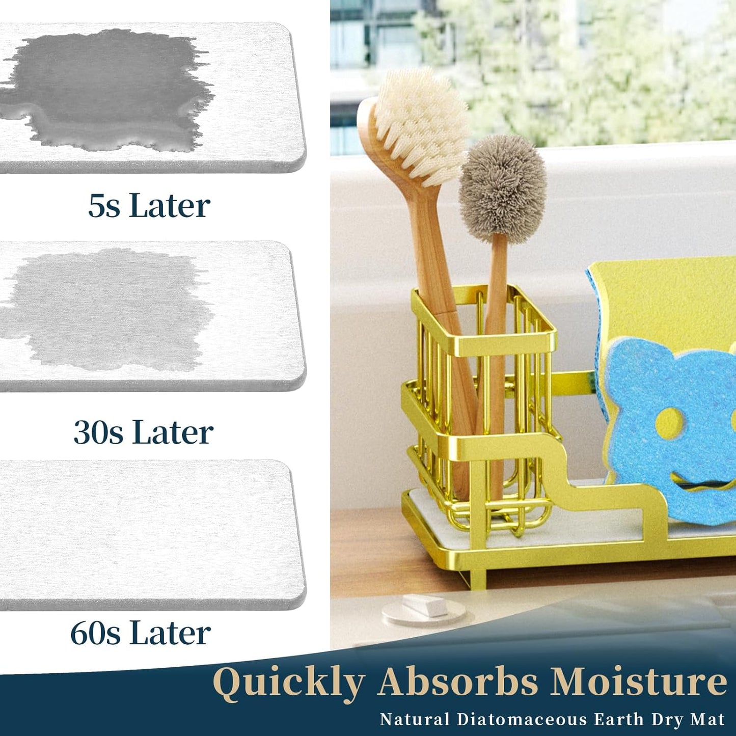 Consumest Sponge Holder for Kitchen Sink - Sink Caddy Organizer with Water Absorbing Stone Tray, Detachable Brush Holder, Stainless Steel Kitchen Counter Organizer Rack, Gold