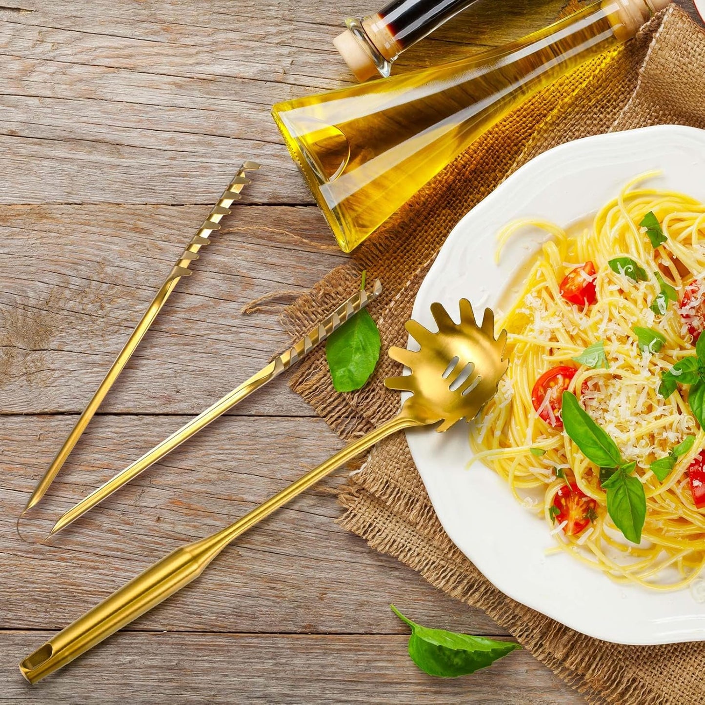 Patelai 2 Pcs Stainless Steel Pasta Spoon with Teeth Large Spaghetti Utensil, 9.4'' Tong and 13.6'' Pasta Fork with Vacuum Handle, Comfortable Grip Design Spoons for Kitchen