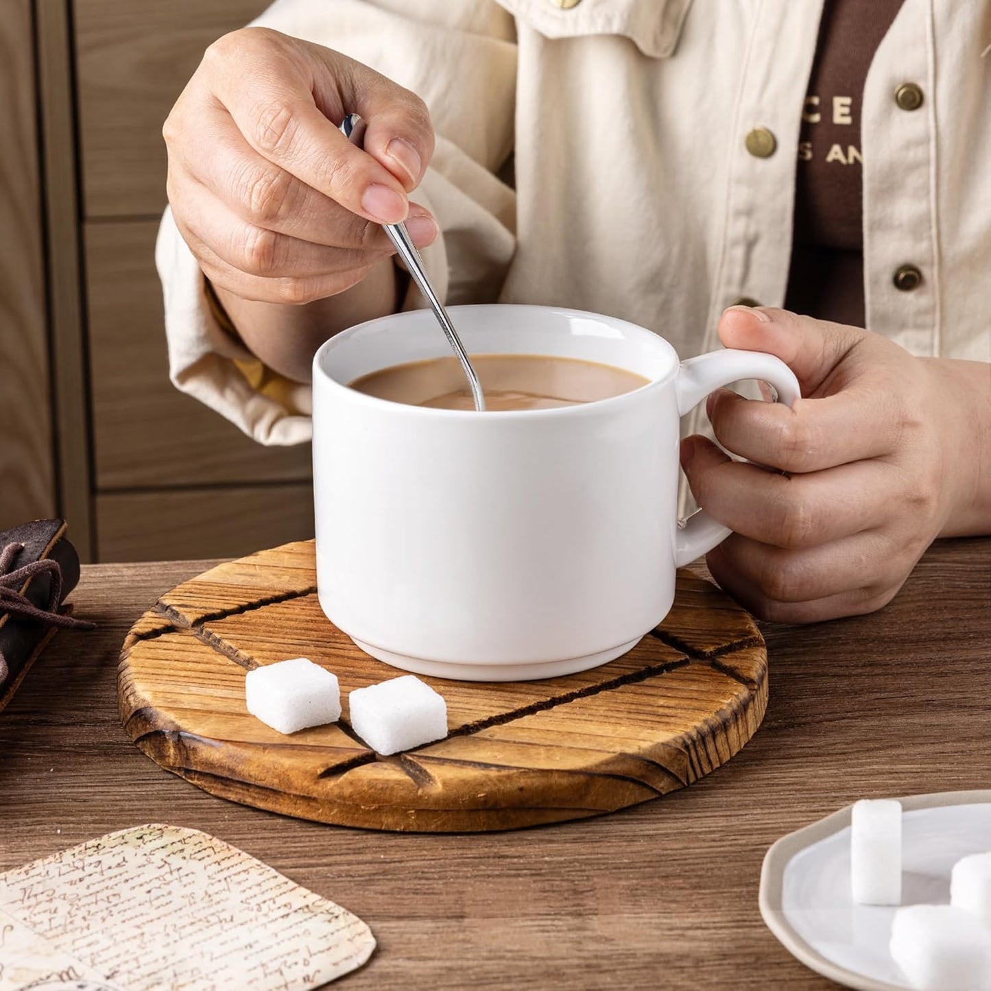 GBHOME 14 OZ Coffee Mugs Set of 6, Stackable Ceramic Mugs for Men, Women, Modern Coffee Mugs With Stable Base for Latte,Tea,Cappuccino. Dishwasher & Microwave Safe, White