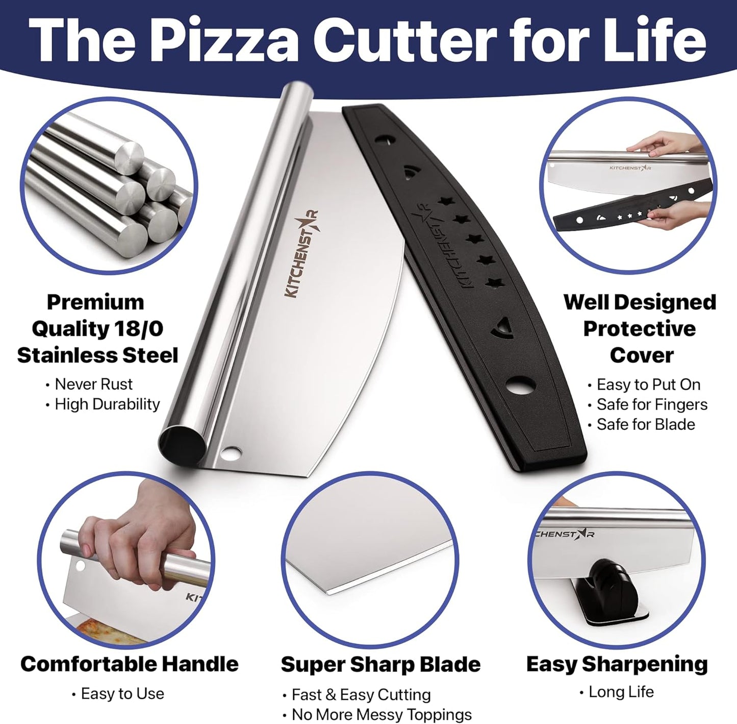 KitchenStar 18-Inch Pizza Cutter Rocker Blade - Sharp Stainless Steel Slicer Knife, Protective Cover, Dishwasher Safe, Extra Large - Commercial Pizza Oven Accessories