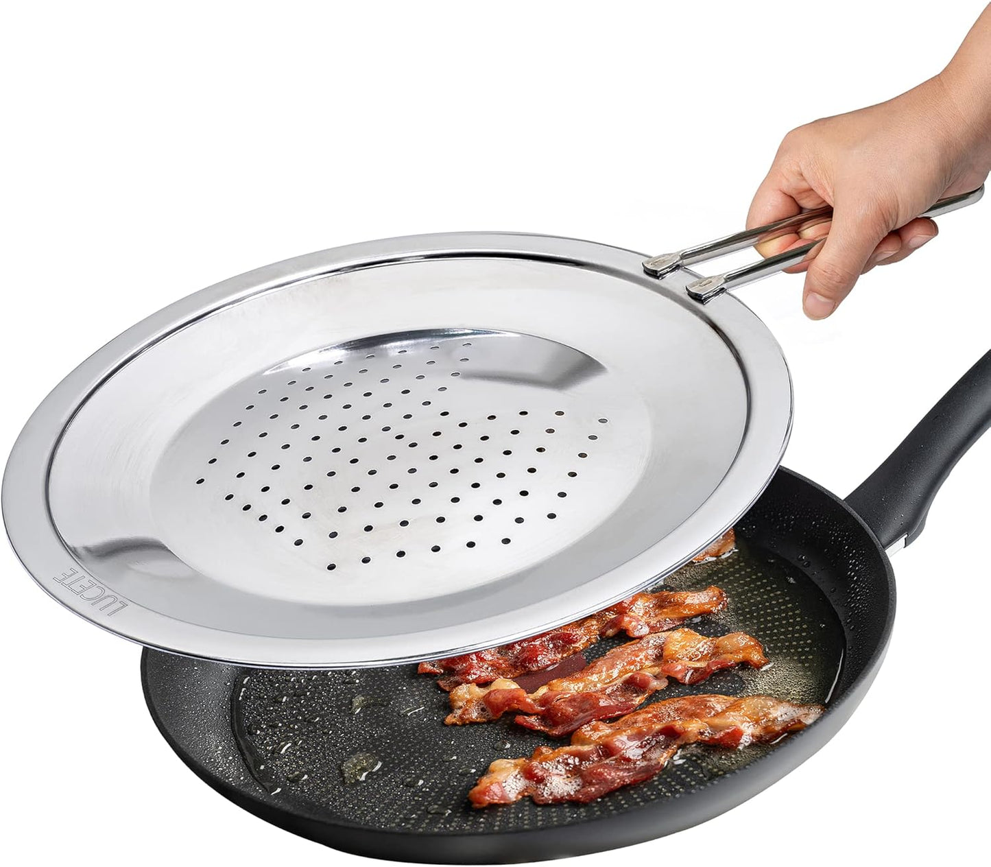 LUCETE Stainless Steel Splatter Screen 12.6" – Hot Grease Splatter Screen for Frying Pan - Oil Splash Guard - Protect your Skin from Burn & Keep Your Kitchen Cleaner (12.6 inch)