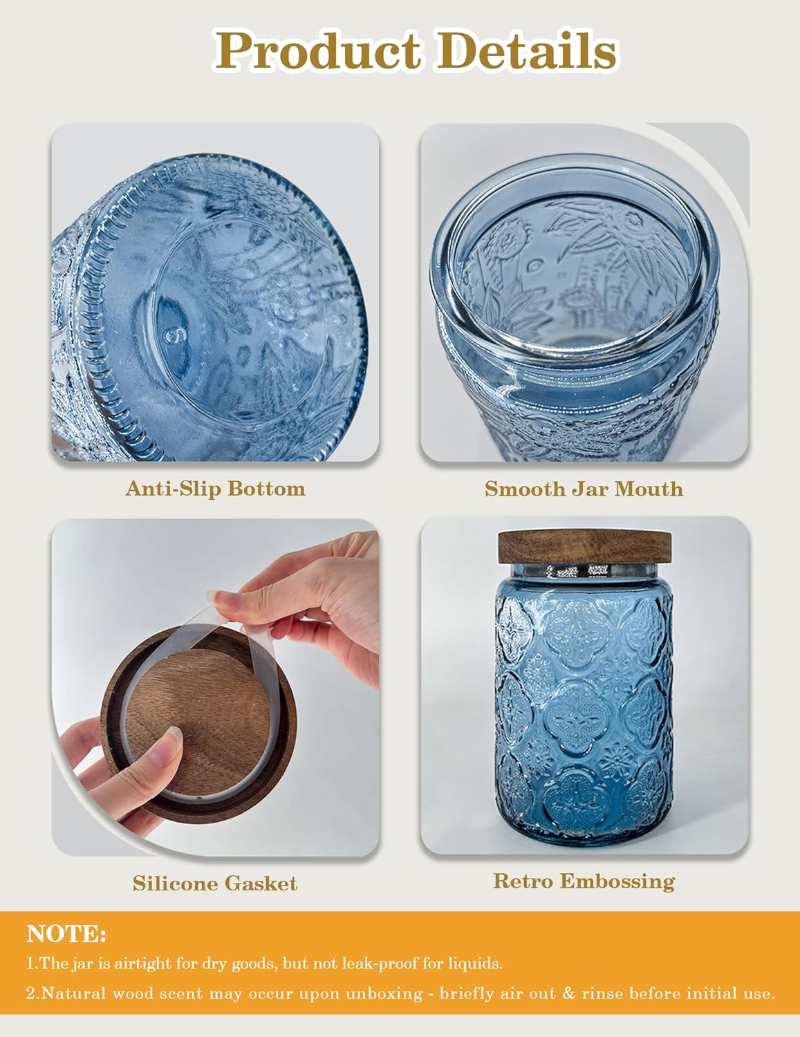 Glass Jars with Airtight Wood Lids – 24 OZ Kitchen and Pantry Canisters Sets, Decorative Vintage Storage Containers for Candy, Coffee, Cookie, Cereal, Flour, Sugar, Tea, Set of 4 Begonia