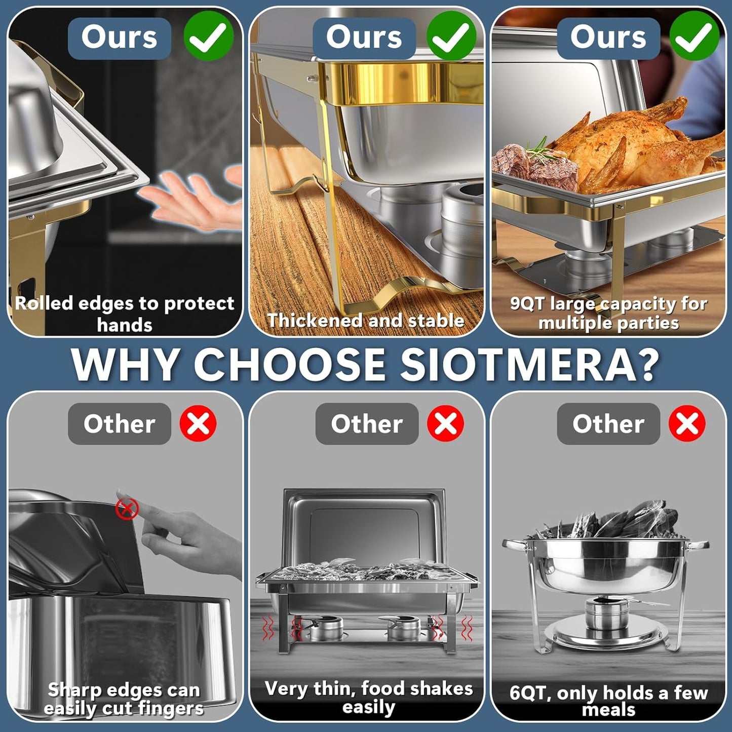SIOTMERA 9QT Chafing Dishes for Buffet 1 Pack, Thickened Stable Stainless Steel Chafing Dish Buffet Set, Rolled Edge No Finger Cut Food Warmers for Party Catering Events Weddings, Gold and Silver