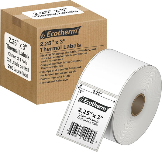 2.25" x 3" Thermal Labels | 4 Rolls | 2100 Labels | fits Zebra, Munbyn, Rollo, Godex, Arkscan, iDPRT, Offnova Thermal Label Printers and More | Blank White Adhesive Stickers by Ecotherm