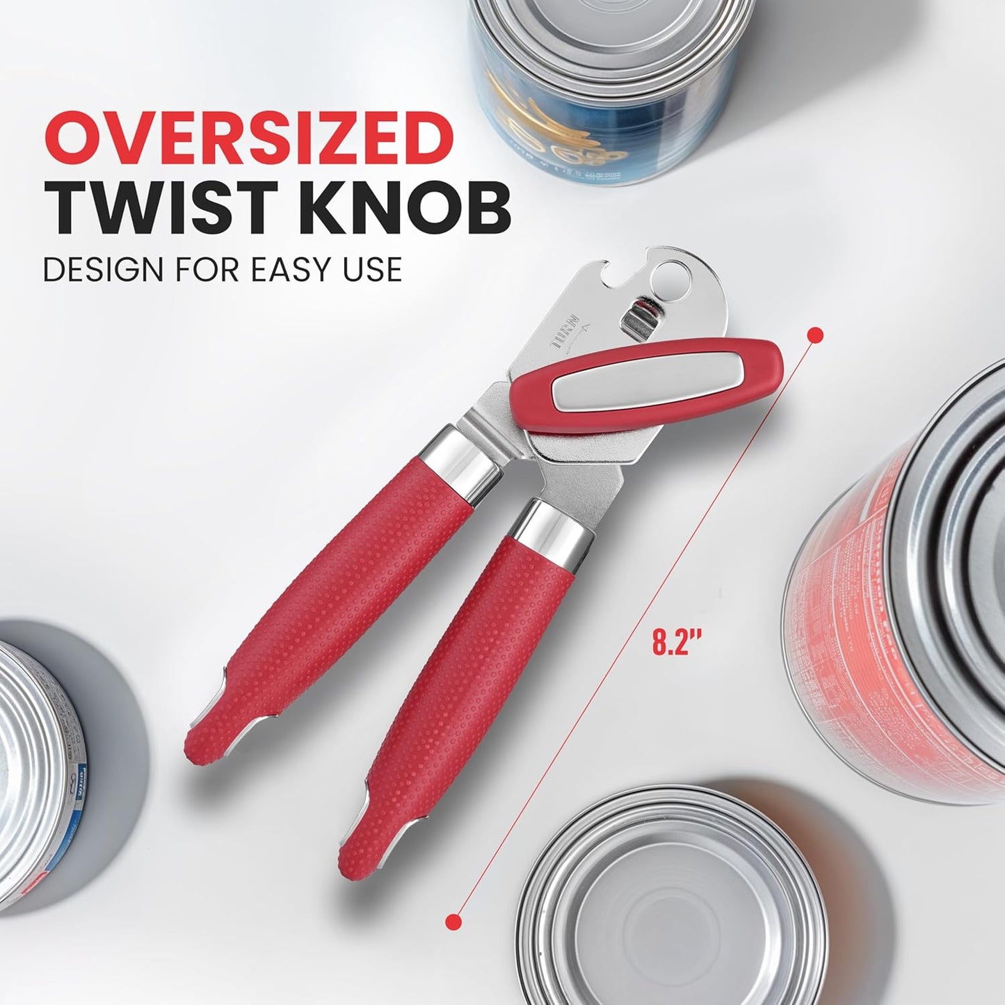 Zulay Kitchen Heavy Duty Stainless Steel Can Opener Manual with Large Bottle Opener - Manual Can Opener with Turn Knob with Soft Grip Handles - Red