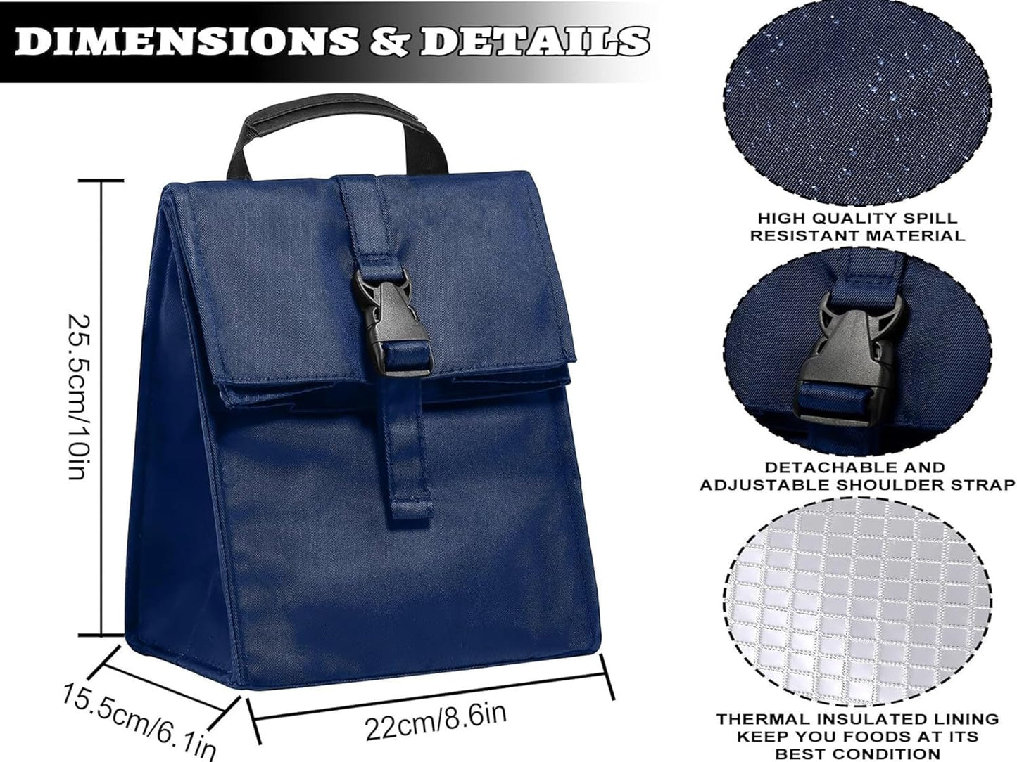 Insulated Foldable Lunch Bag- Lightweight Portable with Adjustable Shoulder Strap Lunch Box for Men, Women, Office, Work, Picnic, Hiking and Beach (Navy Blue(Soft Fabric))