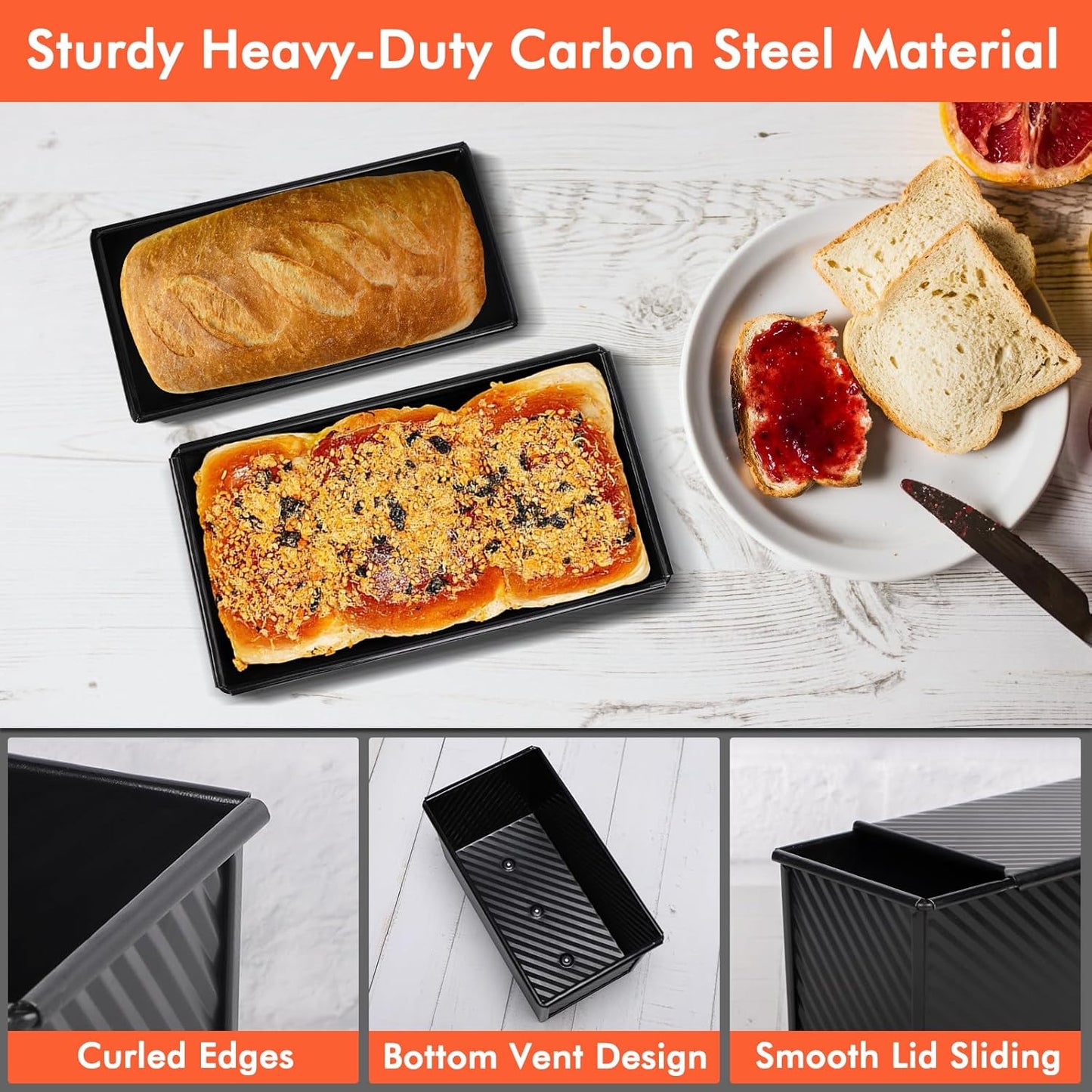 Beasea Pullman Loaf Pan with Lid, 2 Pack Non-Stick Bread Loaf Pans 1 lb & 0.5 lb Carbon Steel Bread Toast Box with Dough Scraper for Homemade Bread Toast Oven Baking - Black