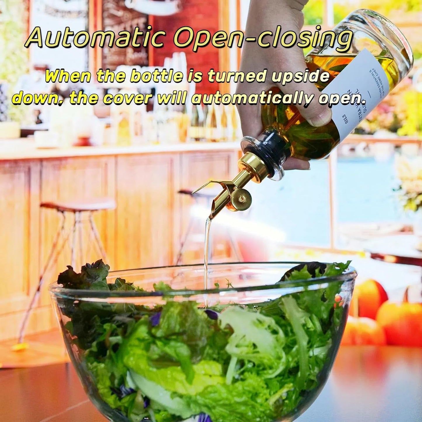 Olive Oil Dispenser Spout, Weighted Liquor Pour Spout, Syrup Dispenser Spout, Stainless Steel Automatic Pour Spouts for Liquor Bottles, Oil Bottles, Vinegar, Syrup and Alcohol 4 Pack Golden