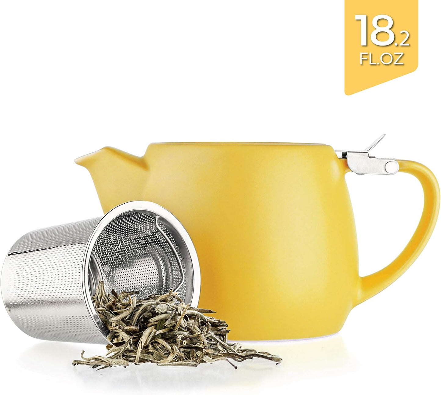 Tealyra - Pluto Porcelain Small Teapot Yellow - 18.2-ounce (1-2 cups) - Matte Finish - Stainless Steel Lid and Extra-Fine Infuser To Brew Loose Leaf Tea - 540ml