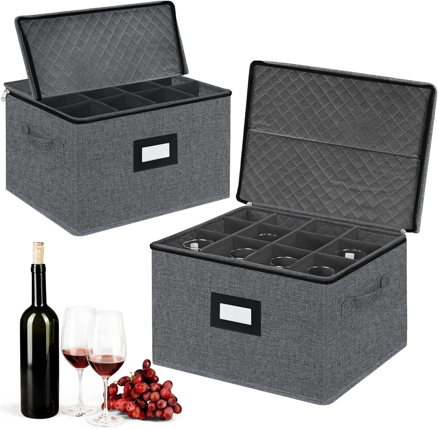 VERONLY 2 Pack Stemware and Glassware Storage Cases - Hard Shell Protection with Dividers for 24 Glasses, Stackable Moving Storage Container with Label & Handles - Crystal Glass - Dark Gray