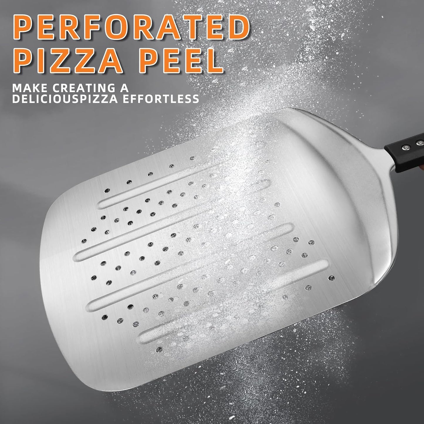 MANJIA Perforated Pizza Peel – 12 inch Aluminum Pizza Paddle with Rocker Cutter Storage Bag – Lightweight Nonstick Metal Pizza Paddle Set for Homemade Baking Pizza Oven & Stone (silver)
