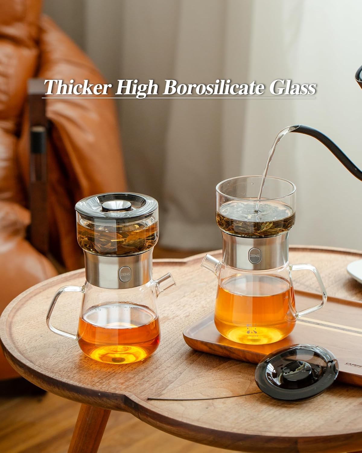 ZENS Modern Glass Tea Infuser Teapot Set, Smart One Touch Tea Maker for Loose Tea Diffusers with 2 Gongfu Cups, Cool Enchanted Tea Pot Alternatives for Black Tea Lovers Gifts-400ml