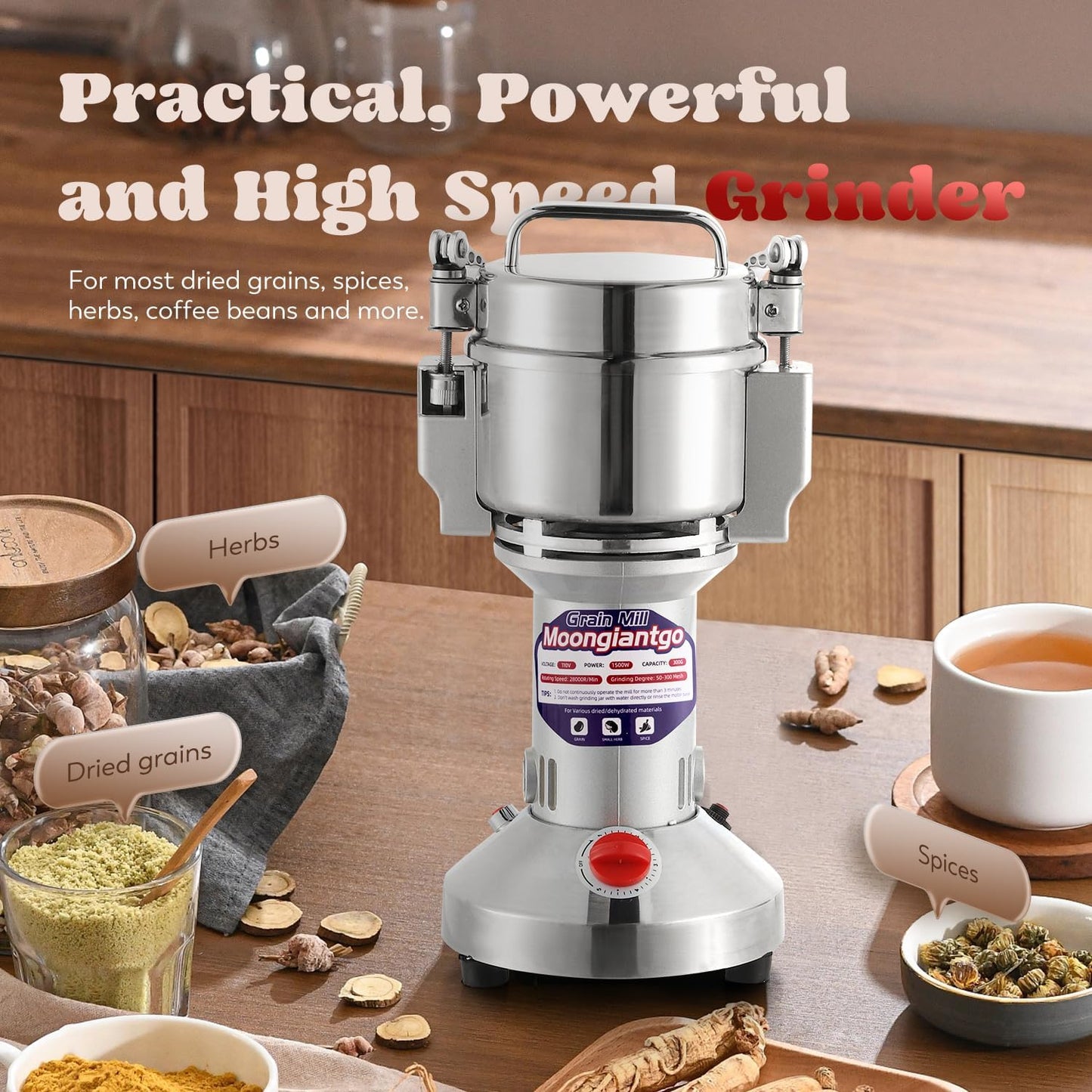 Moongiantgo Grain Mill Grinder Electric 300g Commercial Spice Grinder 1500W Stainless Steel Pulverizer Dry Grinding Machine for Wheat Corn Rice Pepper Herbs Coffee Beans (300g Upright, 110V)