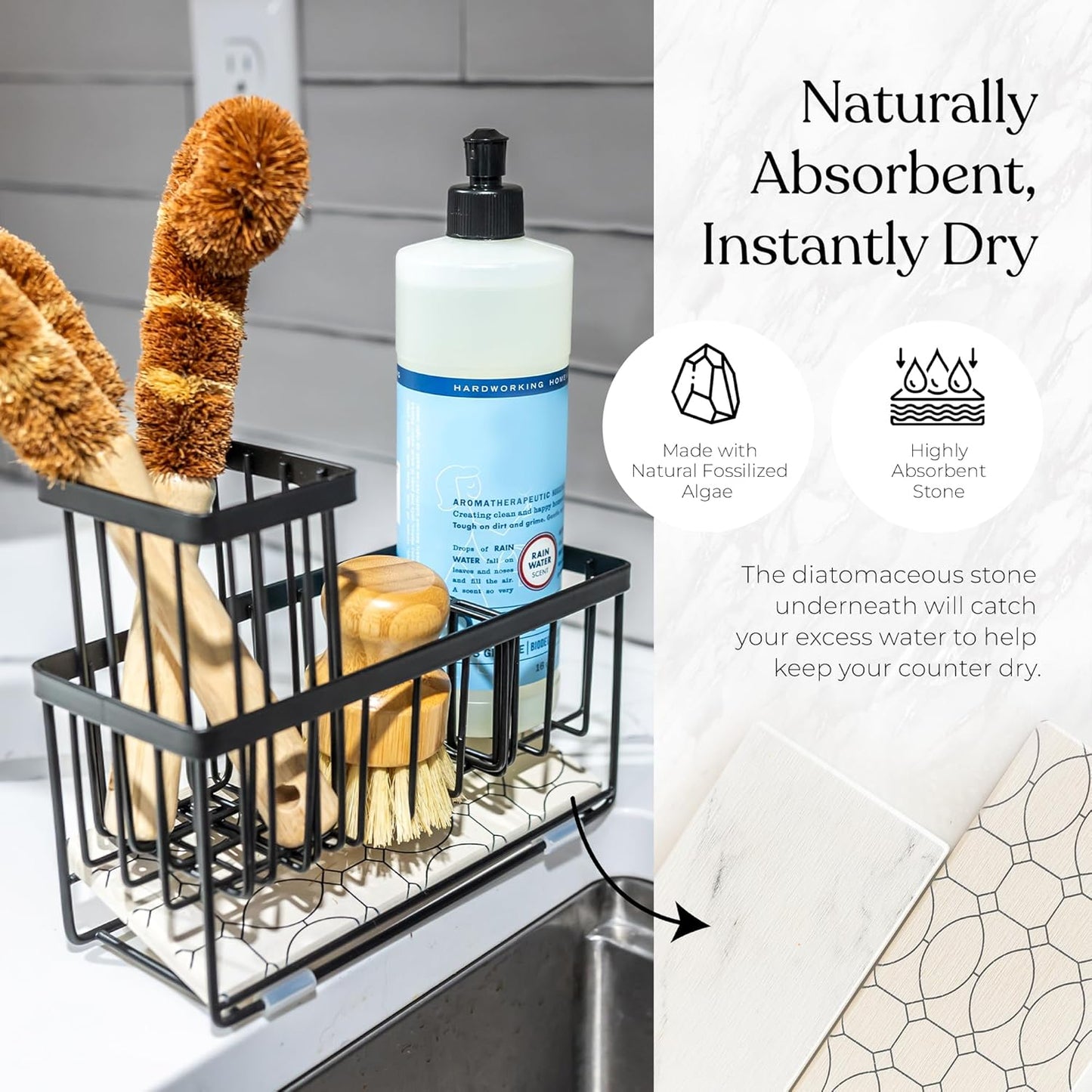 OKIEDOKIE ARTICHOKIE Kitchen Sink Caddy Organizer – With Self-Drying Stone, Multi-Purpose with Sponge & Dish Brush Holder, Compact Sink Sponge Holder for Kitchen Countertop