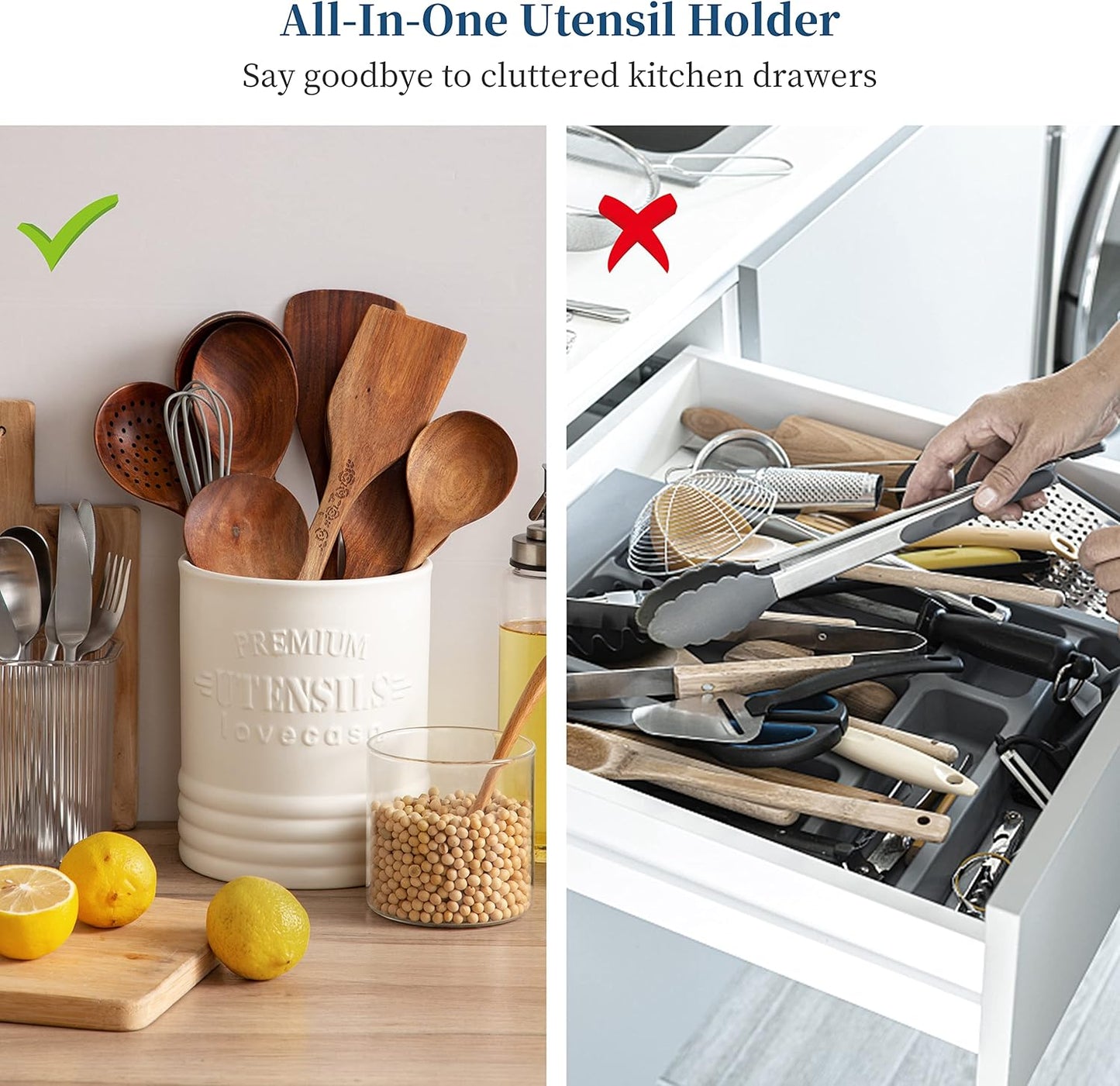 LOVECASA Vintage Utensil Holder for Kitchen Countertop, 7.2” Large Ceramic Utensil Crock for Home Décor, Farmhouse Utensil Vase for Housewarming, Wedding, Birthday Gift - Cream White