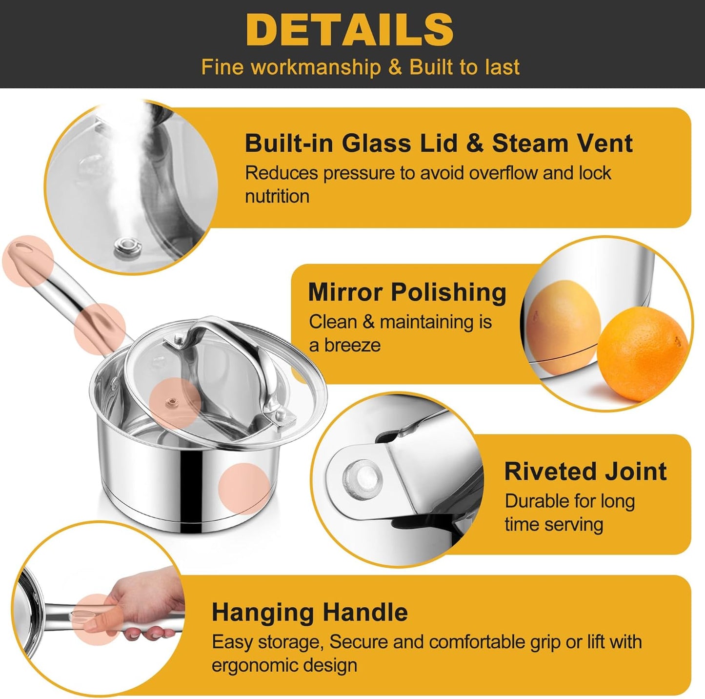 E-far 15-Piece Stainless Steel Cookware Set, 3-Ply Base Kitchen Pots and Pans Set, Non-toxic Induction Cooking Set Including Nonstick Frying Pan Saucepan, Oven & Dishwasher Safe, All Stoves Compatible