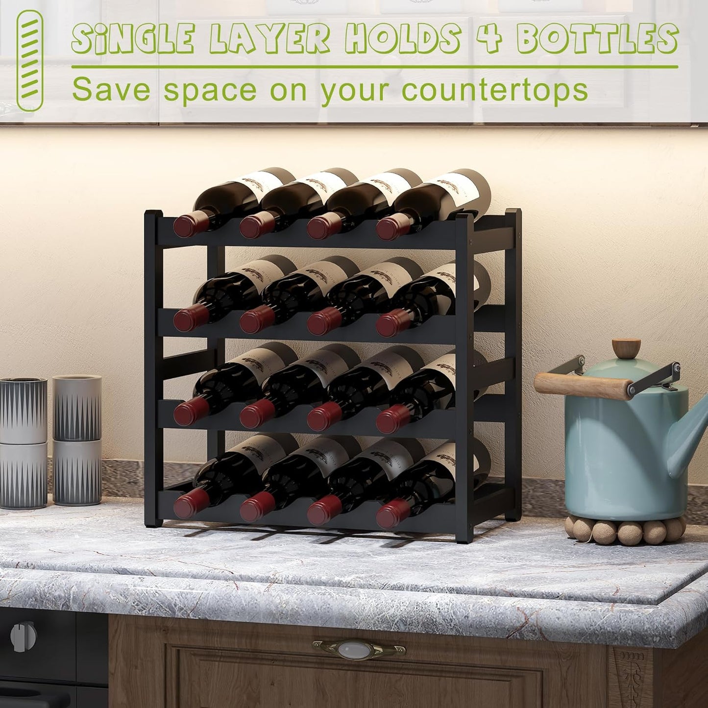 BMOSU Bamboo Wine Rack Wine Storage Cabinet Shelf 16 Bottle Wine Racks Countertop Sturdy for Kitchen Dining Room Pantry - 4 Tiers Wine Rack(Black)