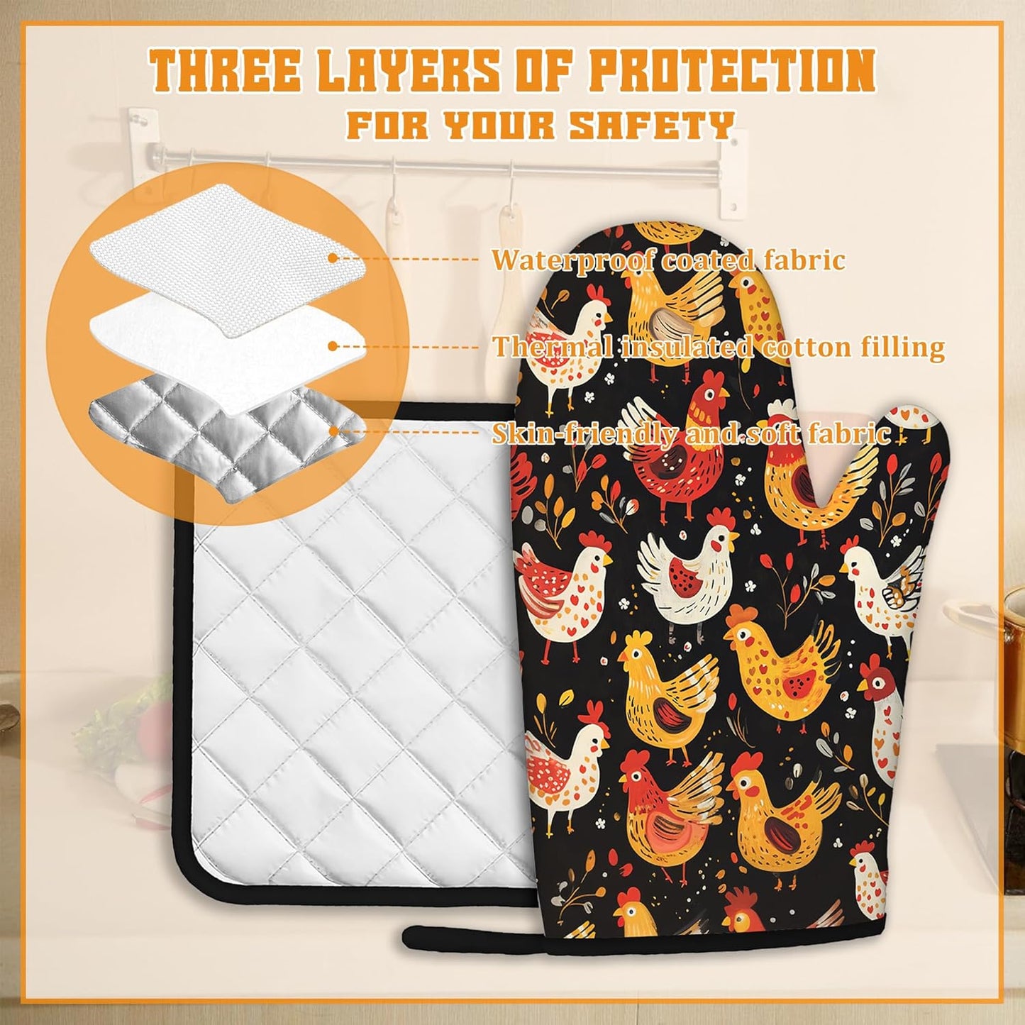 Colorful Rooster Oven Mitts and Pot Holders,Cute Chicken Heat Resistant Oven Mitts Gloves and Pot Holder for Home Kitchen Decorations Cooking Baking BBQ Gifts,Set of 4