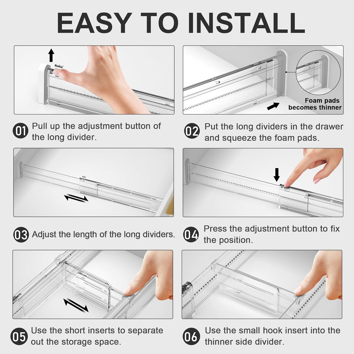 HiYZ Expandable Drawer Dividers with Inserts - 2.36'' High Adjustable Drawer Organizers Separators for Kitchen, Bedroom, Dresser, Office, 8 Long Dividers(12.6-22.8'') with 16 Inserts(3.9-7.1'')-Clear