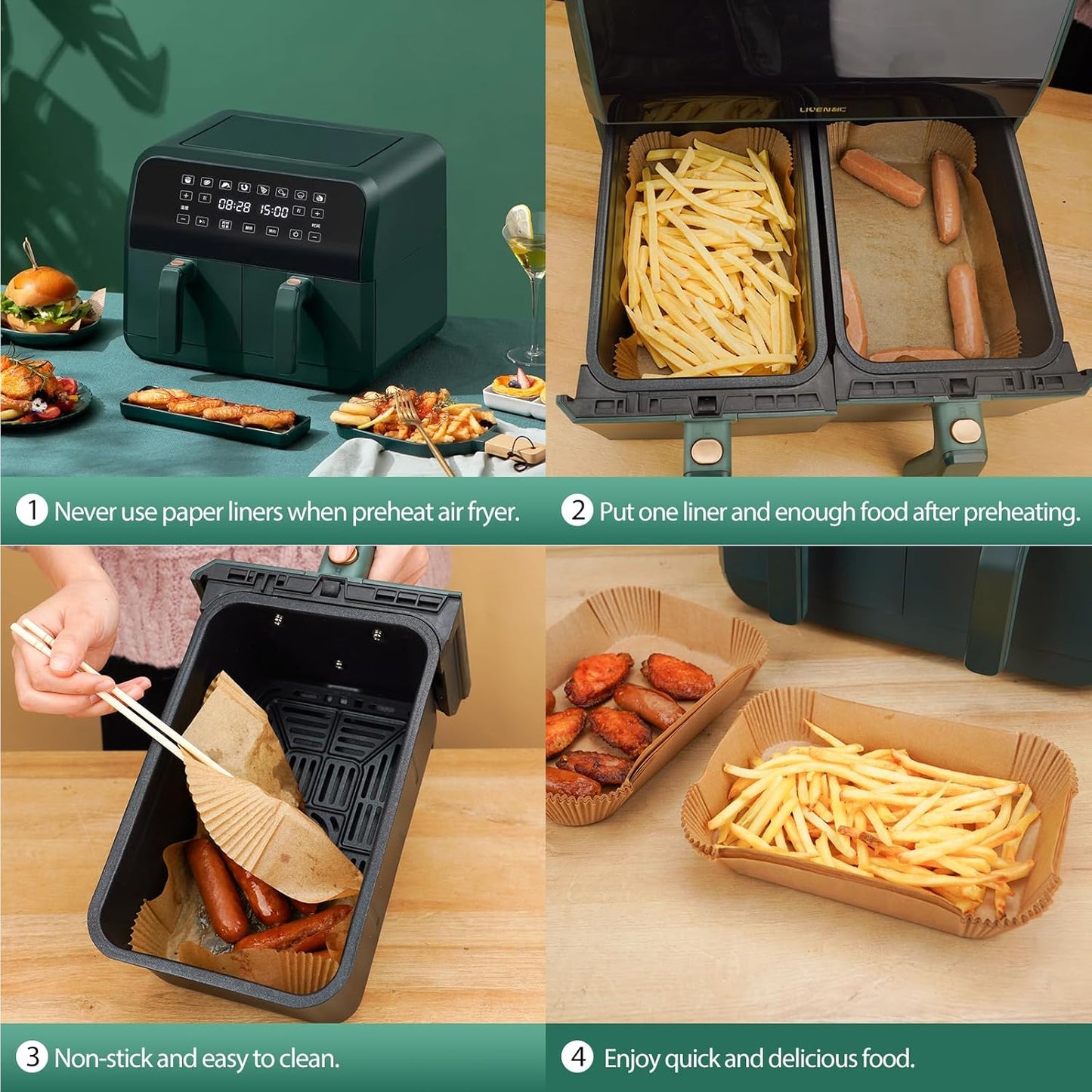 Vailnd Air Fryer Paper Liners Disposable - 50 PCS 8.6x5.5 Inch Rectangle Parchment Paper Sheets, Food Grade Baking Paper for Dual Basket Air Fryer, Oilproof, Waterproof