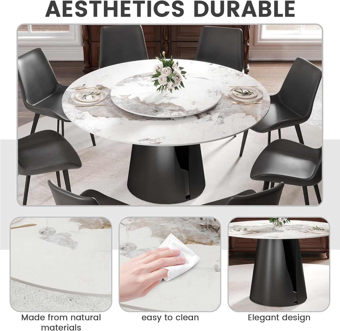 Montary 9 Piece Dining Table Chairs Set, Modern Dining Table Set of 8, Includes 59" D Marble Round Table with Black Carbon Steel Base, 8 Grey Black Dining Chairs for Home, Kitchen