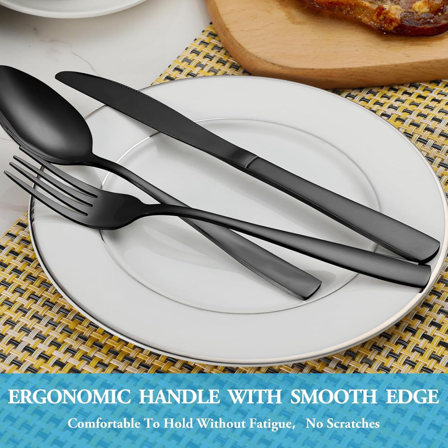 60 Pcs Black Silverware Set, Stainless Steel Flatware Set Service for 12, Mirror Polished Cutlery Utensil Set, Durable Home Kitchen Eating Tableware Set, Include Fork Knife Spoon Set, Dishwasher Safe