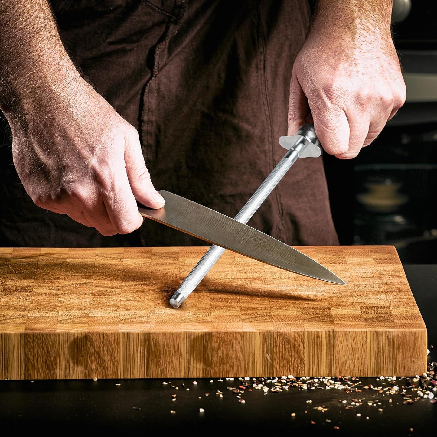 Knife Sharpener Rod, Kitchen Knives Sharpener Carbon Steel Professional Knife Sharpening Steel, Honing Rod with Hanging Holes (13 inches), S