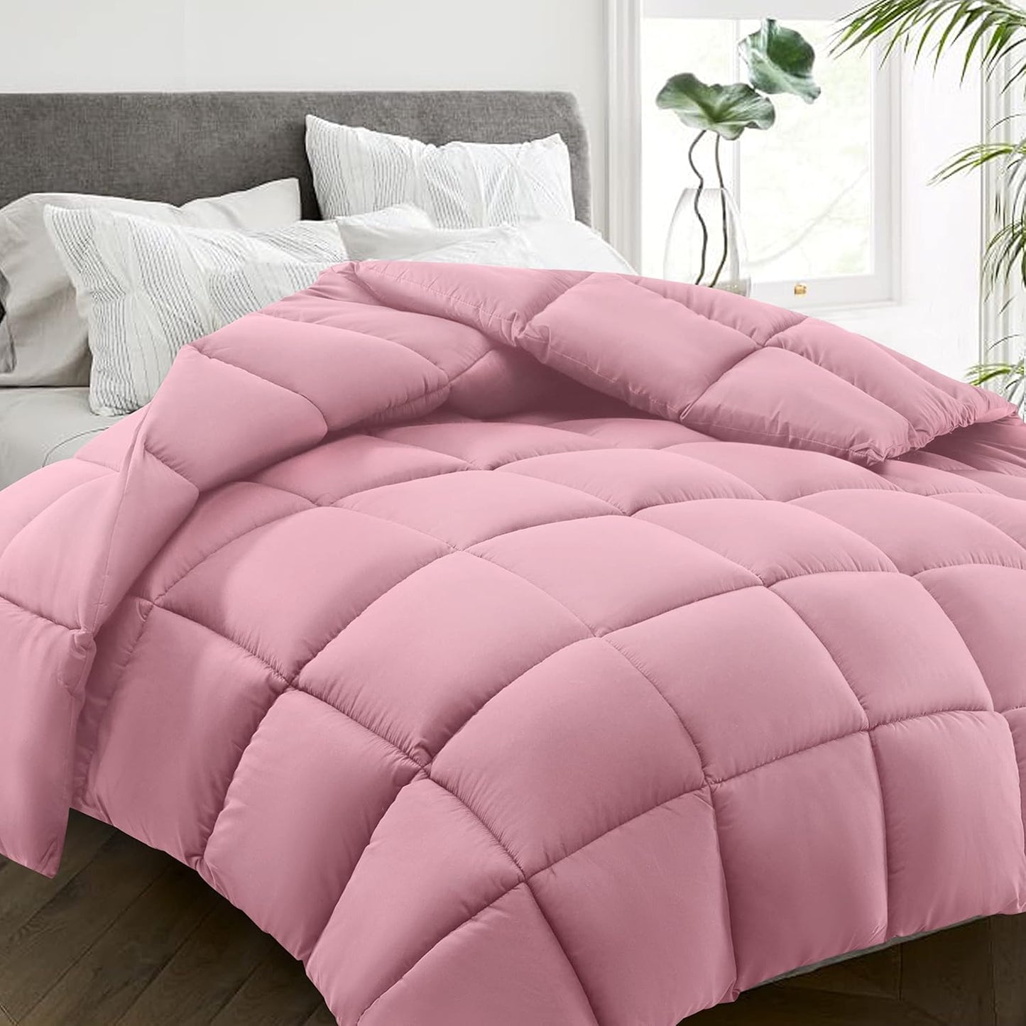 HYLEORY All Season King Size Bed Comforter - Cooling Down Alternative Quilted Duvet Insert with Corner Tabs - Winter Warm - Machine Washable - Pink