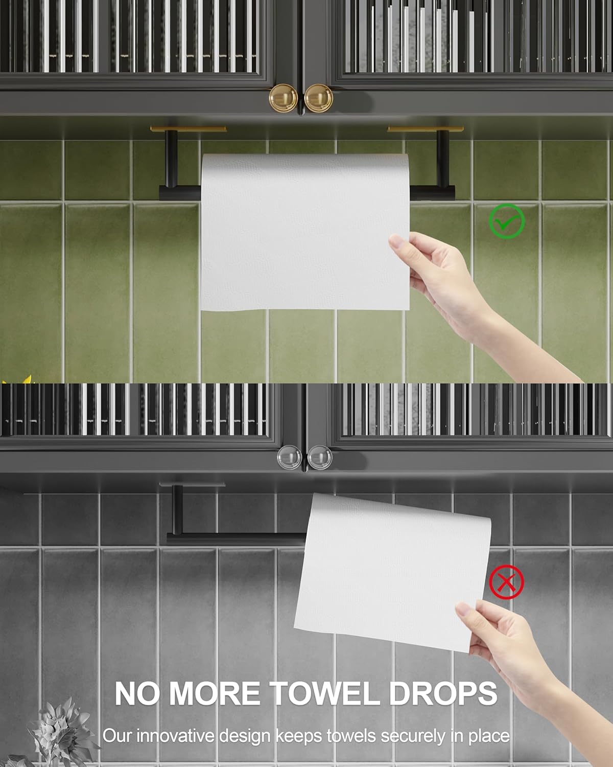 Paper Towel Holder Under Cabinet, Self Adhesive or Wall Mounted SUS304 Stainless Steel Paper Towel Holder Black and Gold for Kitchen, Bathroom, Farmhouse, Barbecue and Laundry (Black&Gold)