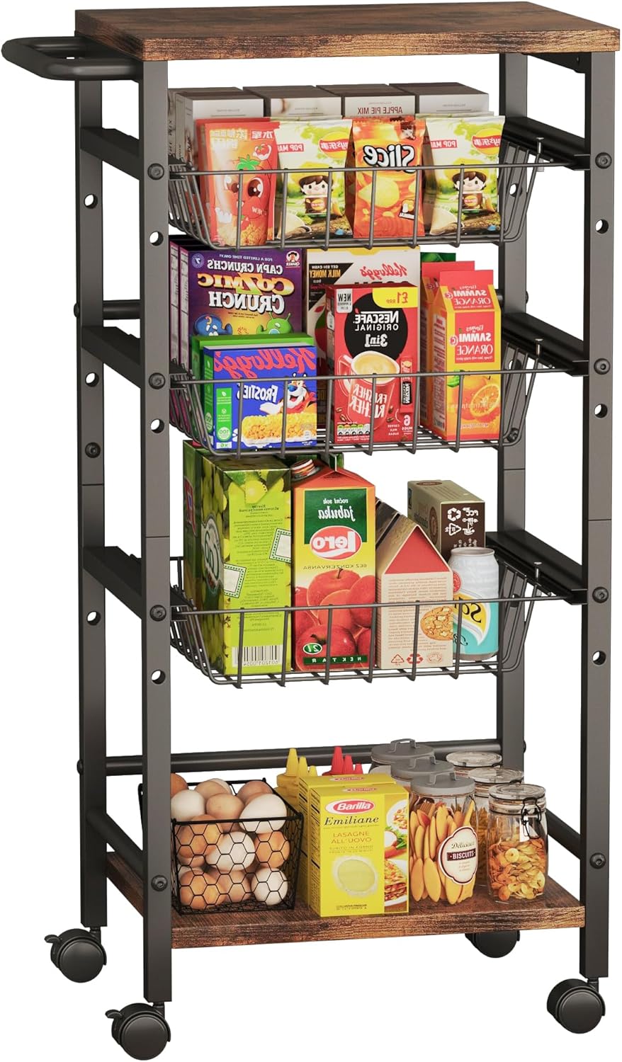5-Tier Snack Organizer Cart with 3 Height Adjustable Pull-Out Baskets and 2 Storage Shelves, Utility Kitchen Organizer and Storage Cart with Convenient Handle for Fruit Potato Onion Vegetable Snack