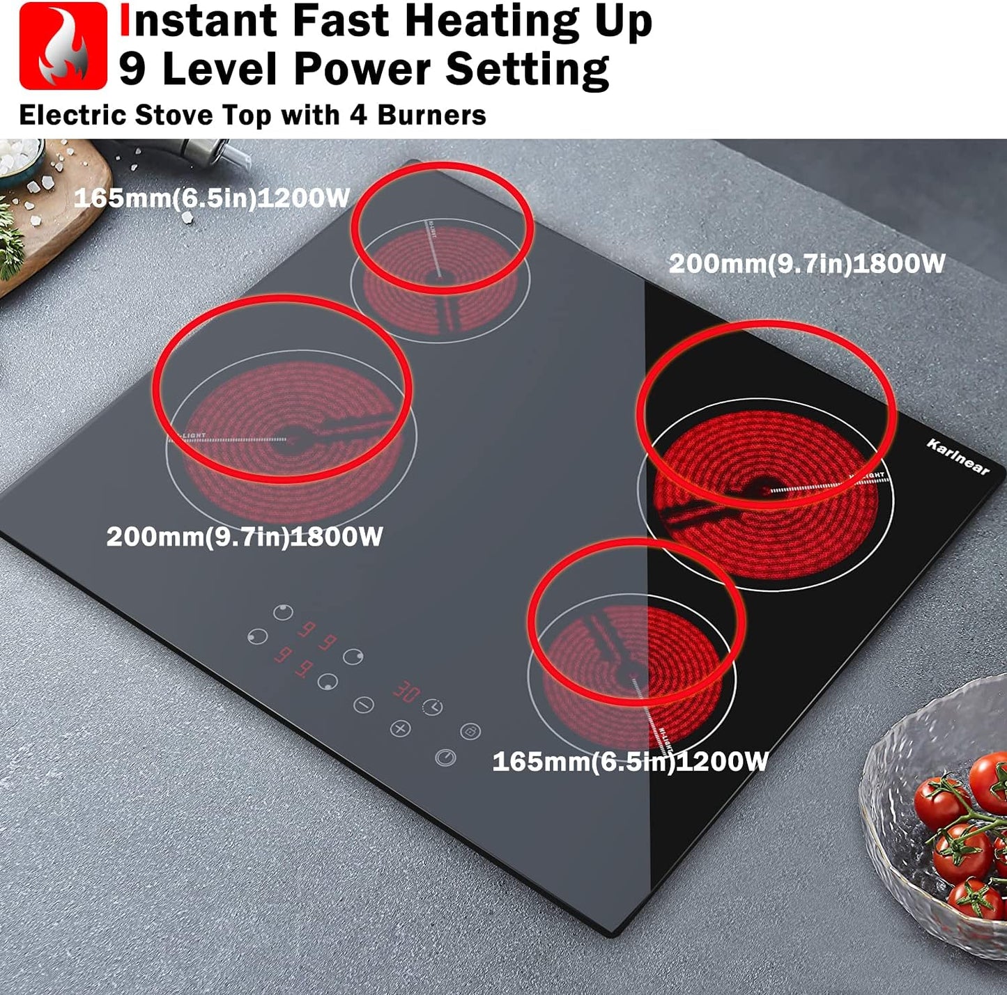 Karinear Drop-in 4 Burner Electric Cooktop 24 Inch Radiant Cooktop, Electric Stove Top with Residual Heat Indicator, Child Safety Lock, Timer, 220-240V, 6000W, Hard Wire(No Plug)
