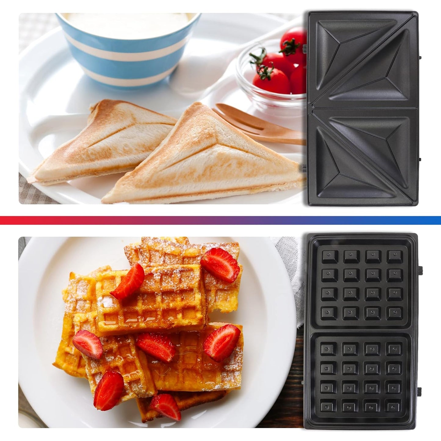 Total Chef 4 in1 Grill Waffle Maker - Mini Belgium Waflera, Sandwich, Panini Press Machine, Electric, Non-Stick Removable Plates, Easy To Clean Countertop Cooking Kitchen Appliance For Breakfast