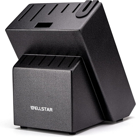 12 Slot Kitchen Knives Block, WELLSTAR Natural Wood Knife Holder without Knives – Hard Wood Countertop Knife Storage with Built-in Knife Sharpener - Black